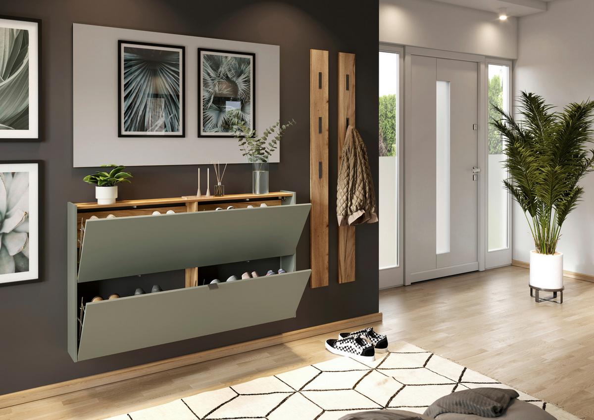 Hängeschuhschrank Ameca Taupe/Eichefarben - Taupe/Eichefarben, MODERN, Holzwerkstoff/Metall (140/83/18cm) - Premium Living