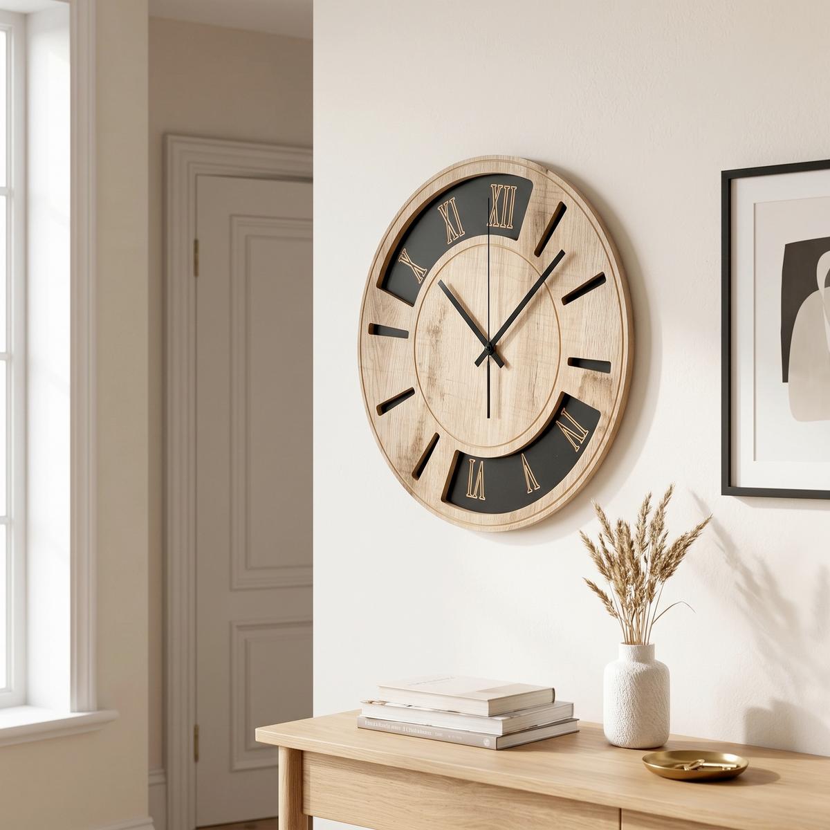 Wanduhr Schwarz/Eichefarben Ø ca. 36cm - Eichefarben/Schwarz, Basics, Holz/Kunststoff (36cm)