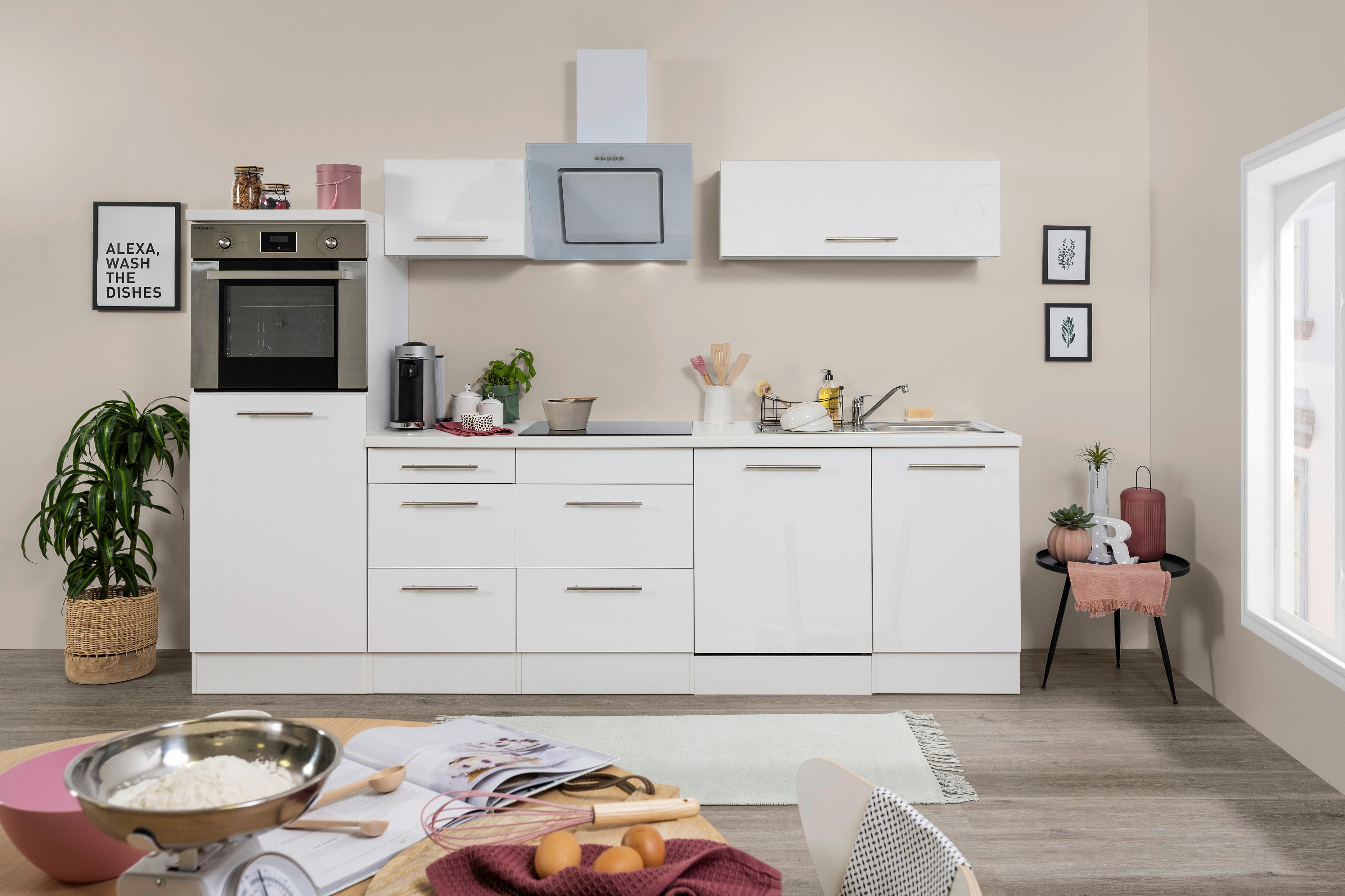 Küchenzeile mit Geräte Weiß B: ca. 280 cm - Edelstahlfarben/Weiß, KONVENTIONELL, Holzwerkstoff/Metall (280cm) - Respekta