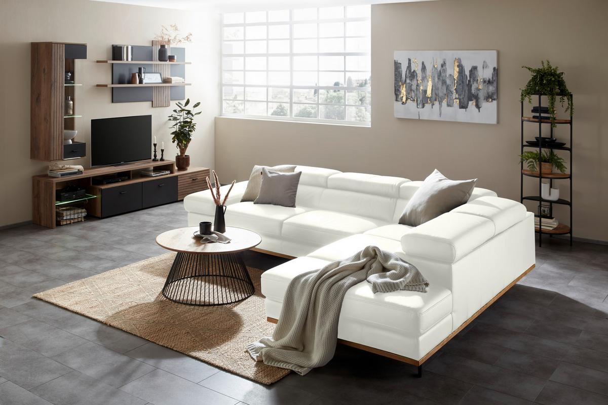 Wohnlandschaft Carmen rechts Weiß - Schwarz/Weiß, MODERN, Leder/Holz (292/72/226cm) - Premium Living