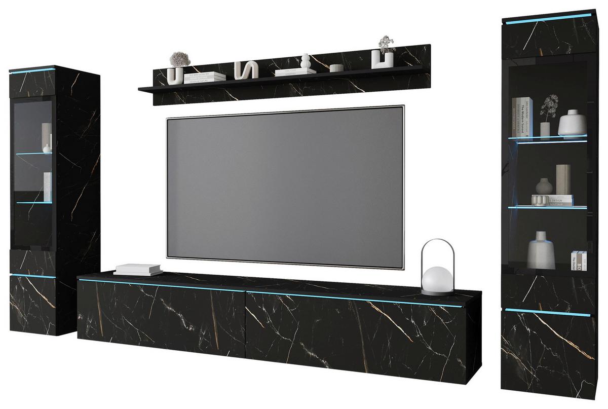 Dnevni Regal Vera, Črna Marmorirana, 4-Delno, Led - siva/barve skrilavca, Design, umetna masa/steklo (240/130/33cm) - Livetastic