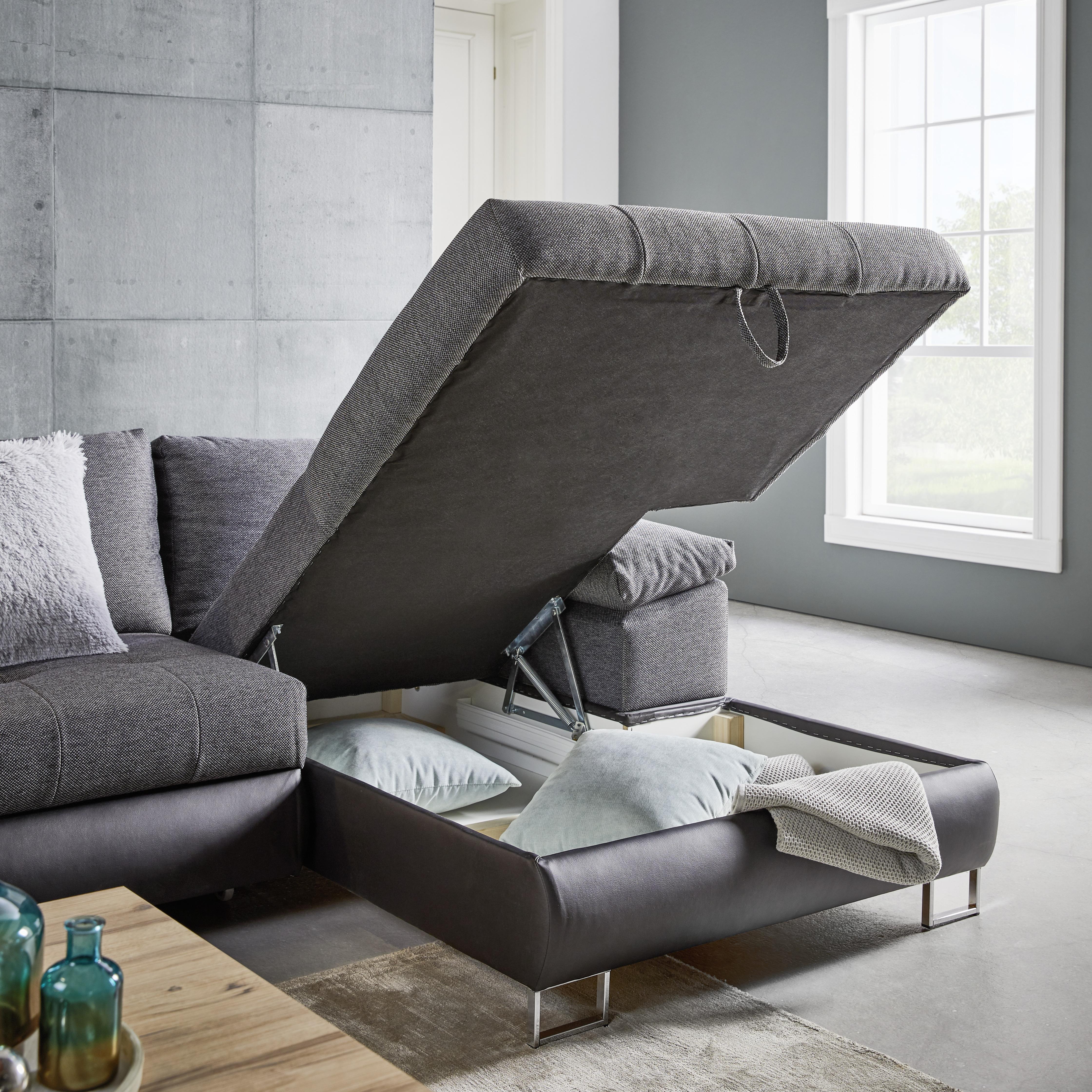Wohnlandschaft in Grau mit Bettfunktion - Chromfarben/Dunkelgrau, MODERN, Kunststoff/Textil (268/91/170cm) - Based