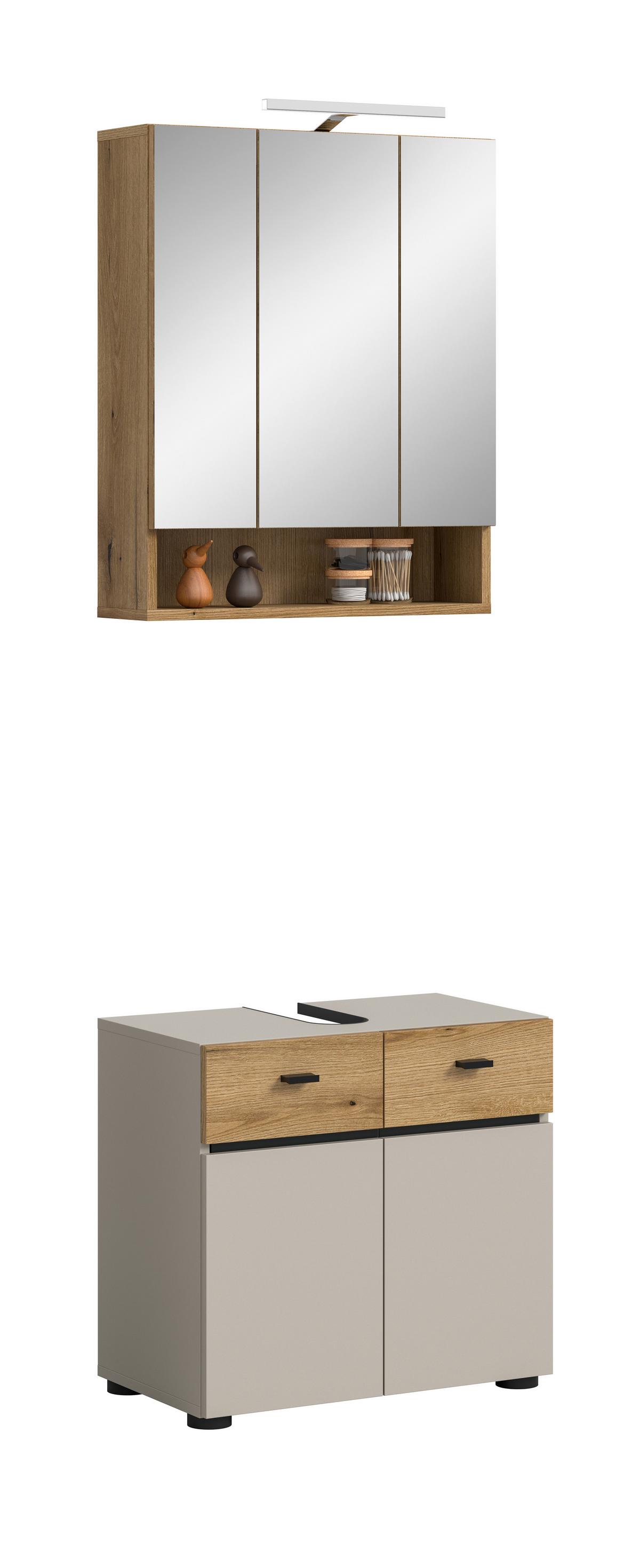 Badezimmer Aqua Eichefarben/Kaschmir 2-teilig - Kaschmir/Eichefarben, Trend, Glas/Holzwerkstoff (60cm) - MID.YOU