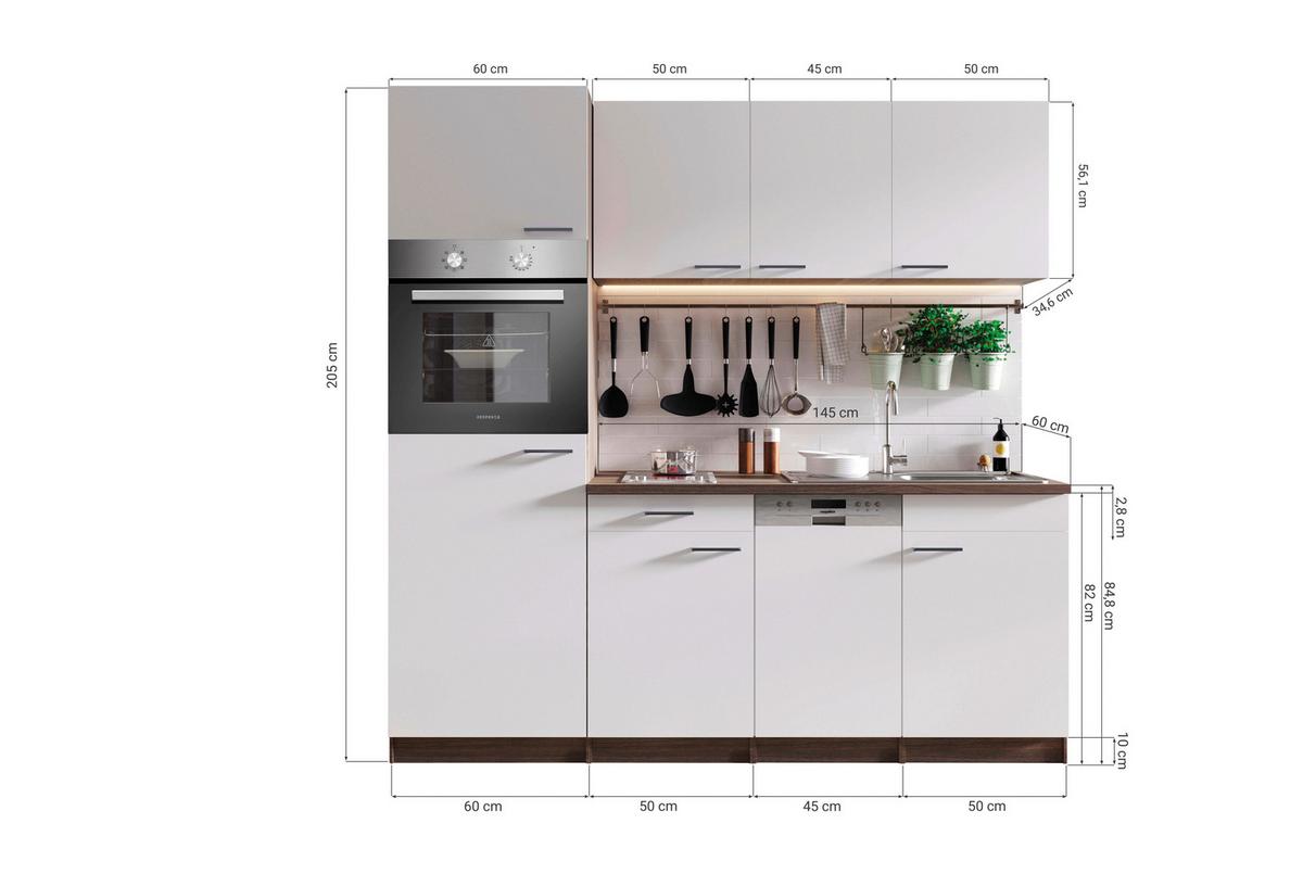 Küchenblock Oliver mit Geräten ca. 205 cm Weiß - Eichefarben/Alufarben, Basics, Holzwerkstoff/Kunststoff (205cm) - Respekta