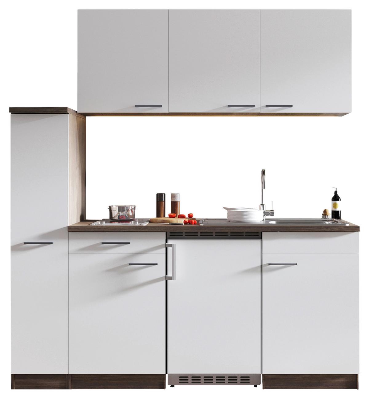 Miniküche Oliver mit Geräten ca. 180 cm Weiß - Eichefarben/Alufarben, Basics, Holzwerkstoff/Kunststoff (180cm) - Respekta