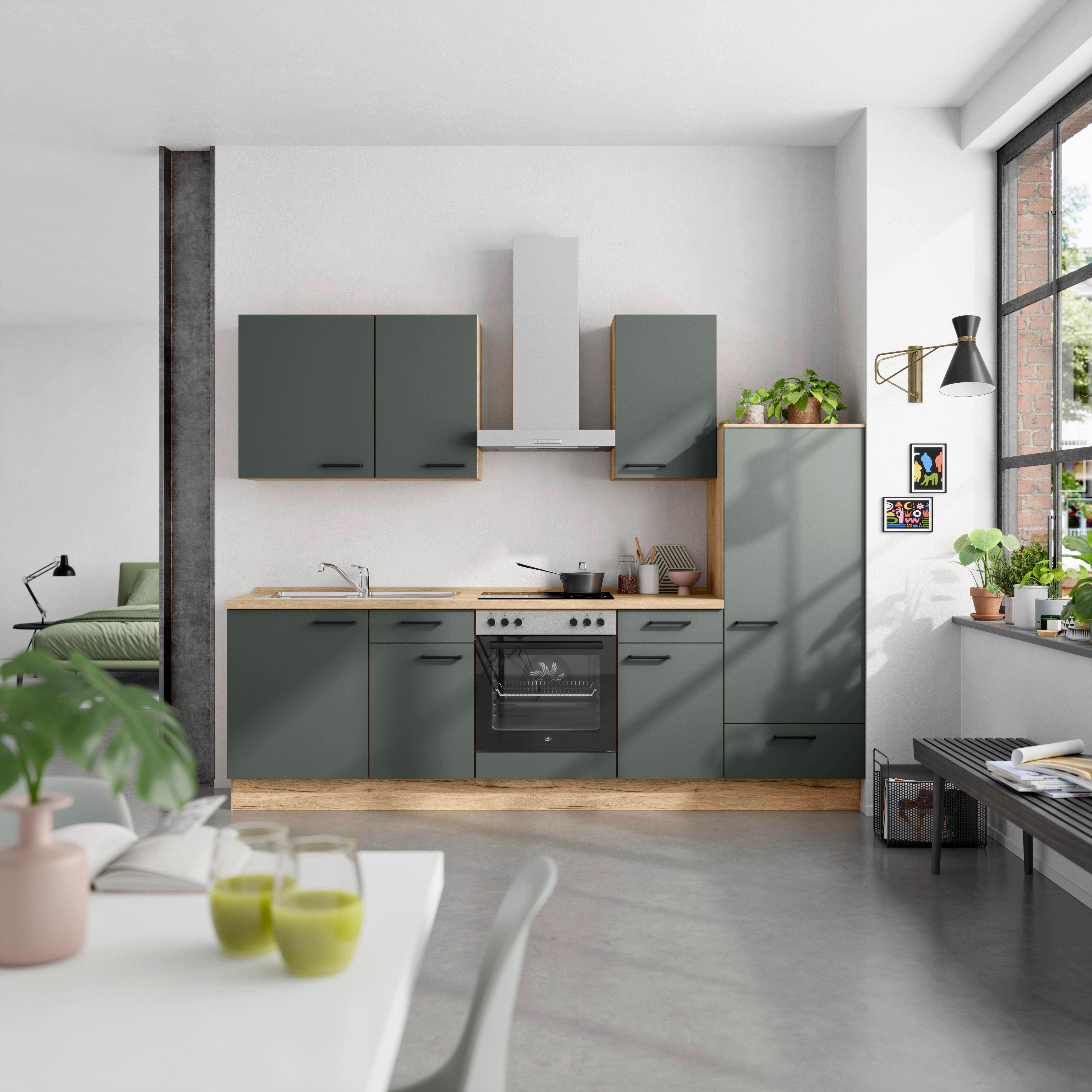 Küchenblock Easytouch Low m. Geräten Dunkelgrün - Dunkelgrün/Eichefarben, MODERN, Holzwerkstoff/Metall (270cm) - Nobilia