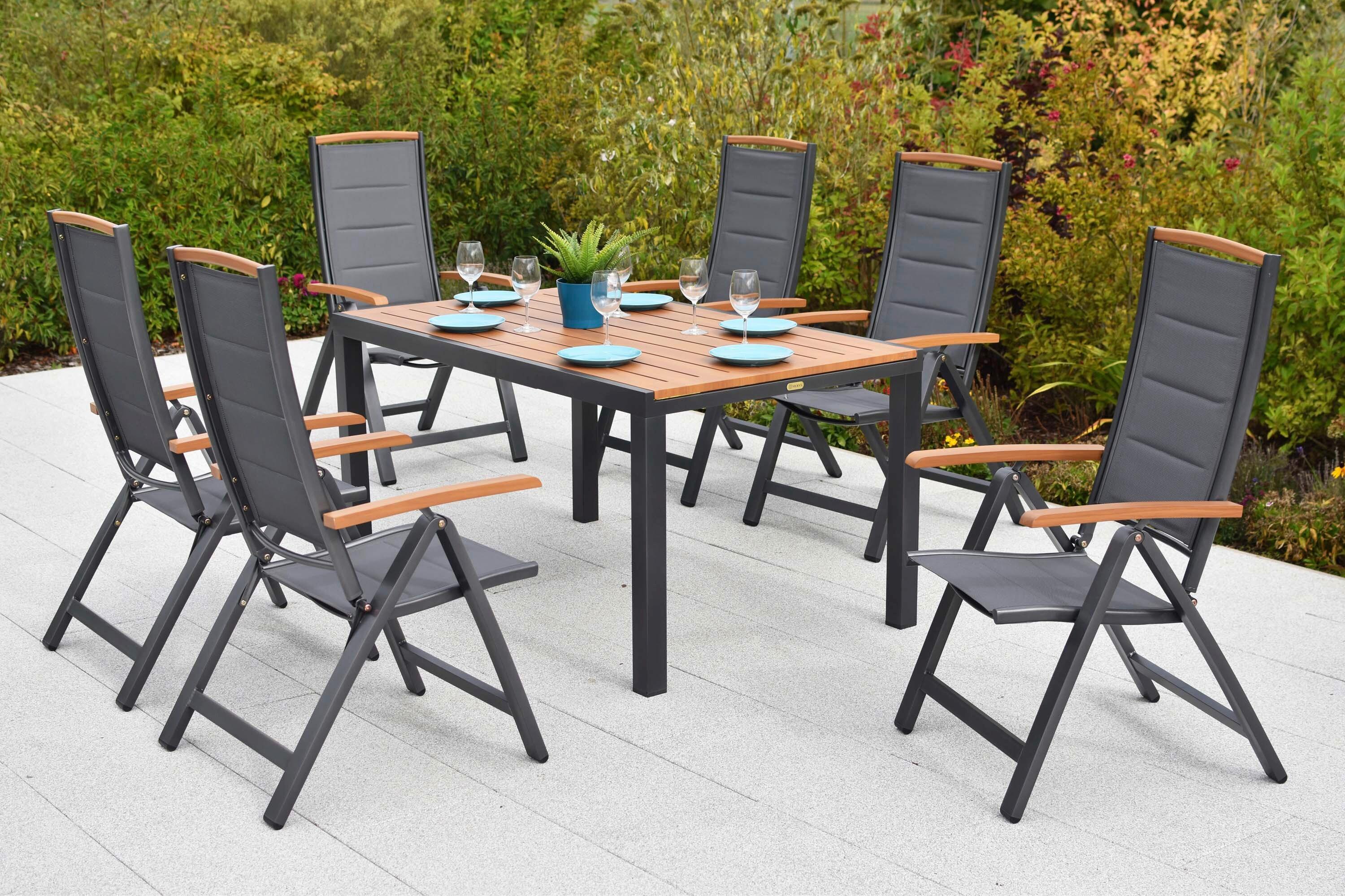 Gartentischgruppe Tino 7-tlg. Graphitfarben - Graphitfarben/Naturfarben, KONVENTIONELL, Textil/Metall - Gardenson