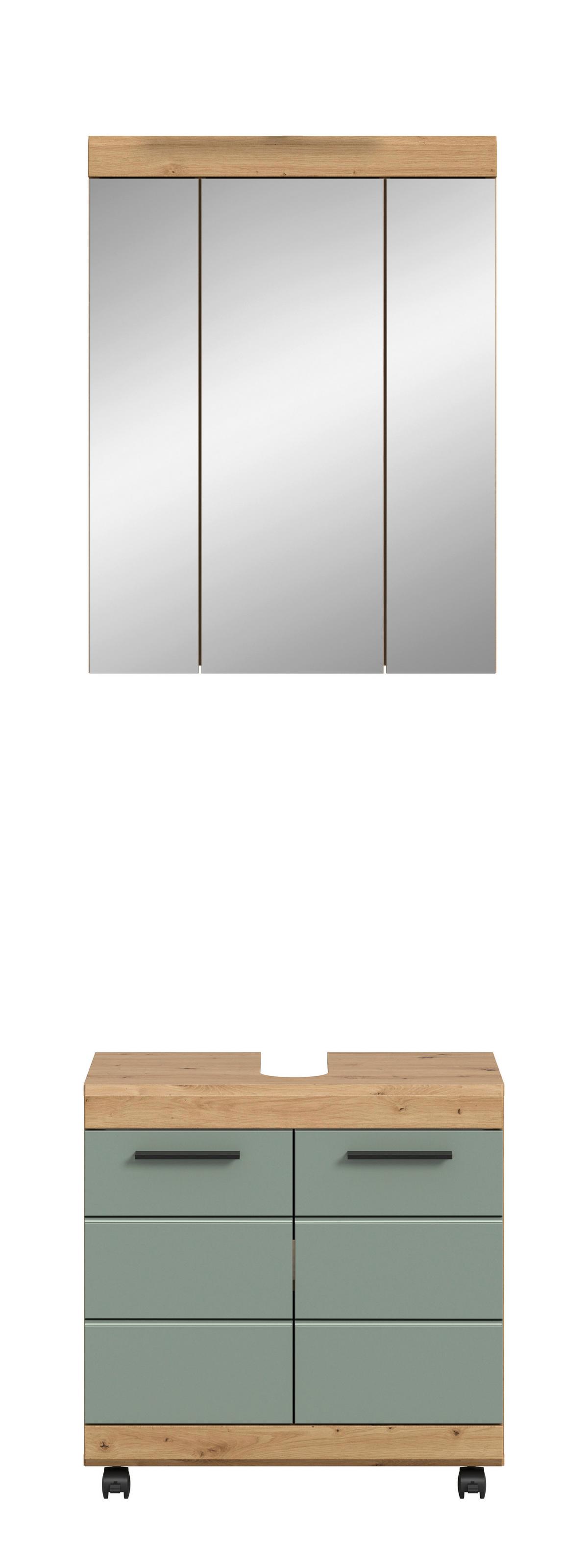 Badezimmer Scout Salbeigrün /Eiche Artisan 2-teilig - Salbeigrün/Schwarz, Trend, Glas/Holzwerkstoff (60cm) - MID.YOU