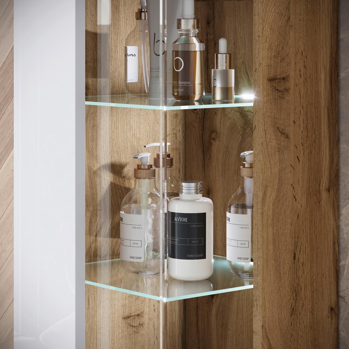 Badezimmer-Set Narobi 5-tlg. mit LED ca. 120 cm Eiche/Weiß - Weiß Hochglanz/Eiche Wotan, Trend, Glas/Keramik (120,4cm) - P & B