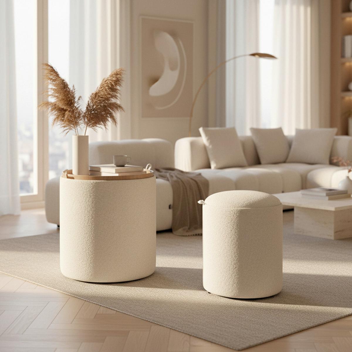 Hocker Set Melanie Bouclé Weiß - Weiß, MODERN, Holzwerkstoff/Textil (44cm) - Bessagi Home