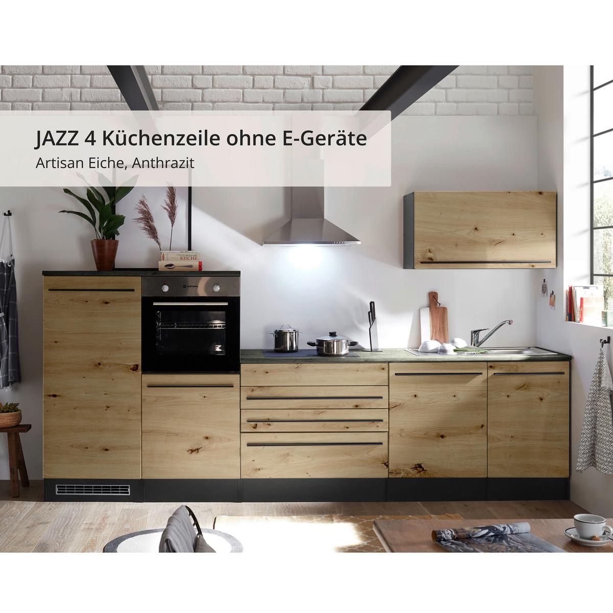 Küchenblock Jazz mit Geräten ca.320 cm Eiche/Anthrazit - Anthrazit/Schwarz, Basics, Holzwerkstoff/Kunststoff (320cm) - P & B