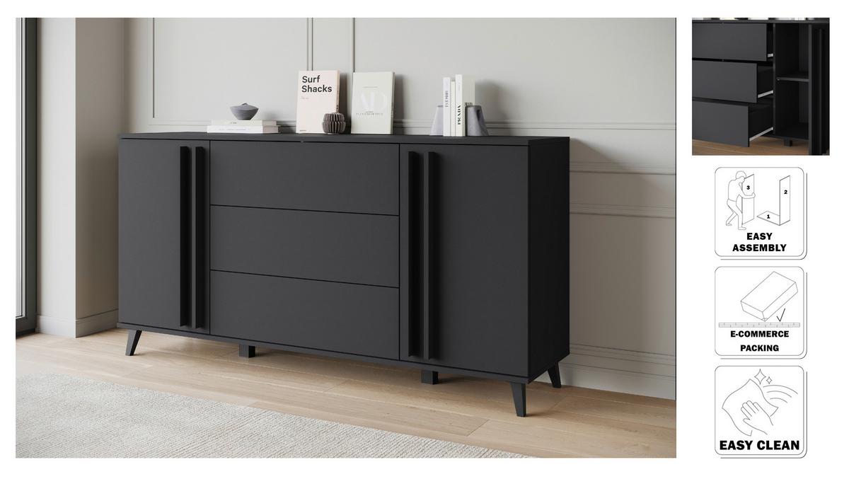 Komoda Helsinki, Črna - črna, Trend, umetna masa/leseni material (150/77,8/39,5cm)