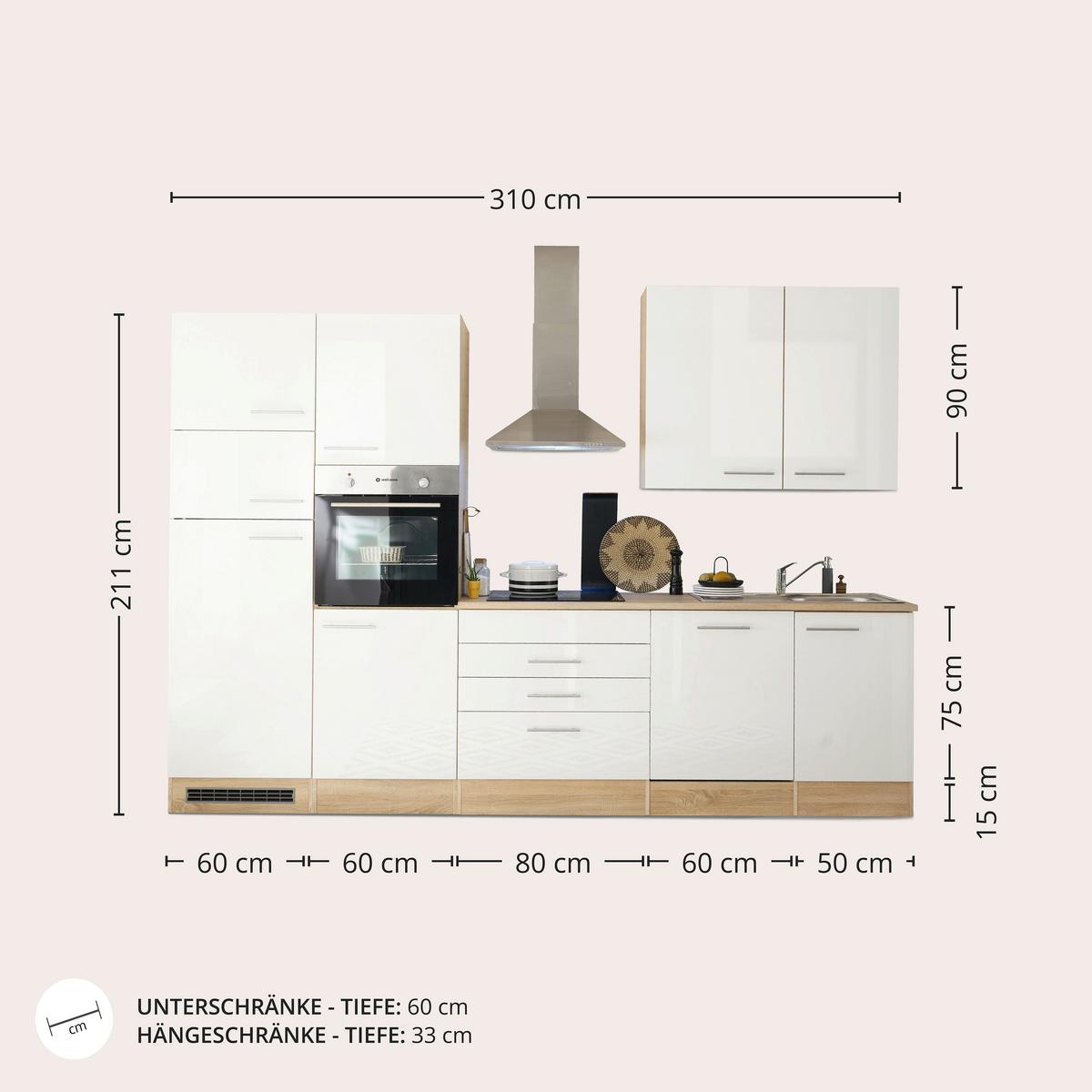Moderen Kuhinjski Blok Brez Aparatov Laurel, Bela, Hrast - bela/hrast sonoma, Moderno, leseni material (310cm) - MID.YOU