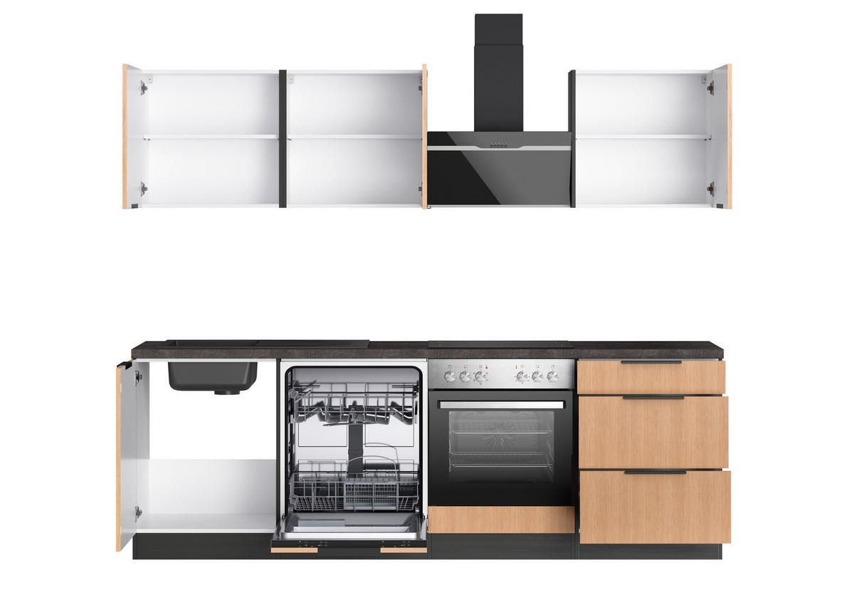 Küchenblock Glasgow m. Geräten Graphit/Eiche - Eichefarben/Graphitfarben, LIFESTYLE, Holzwerkstoff/Metall (240cm) - Held
