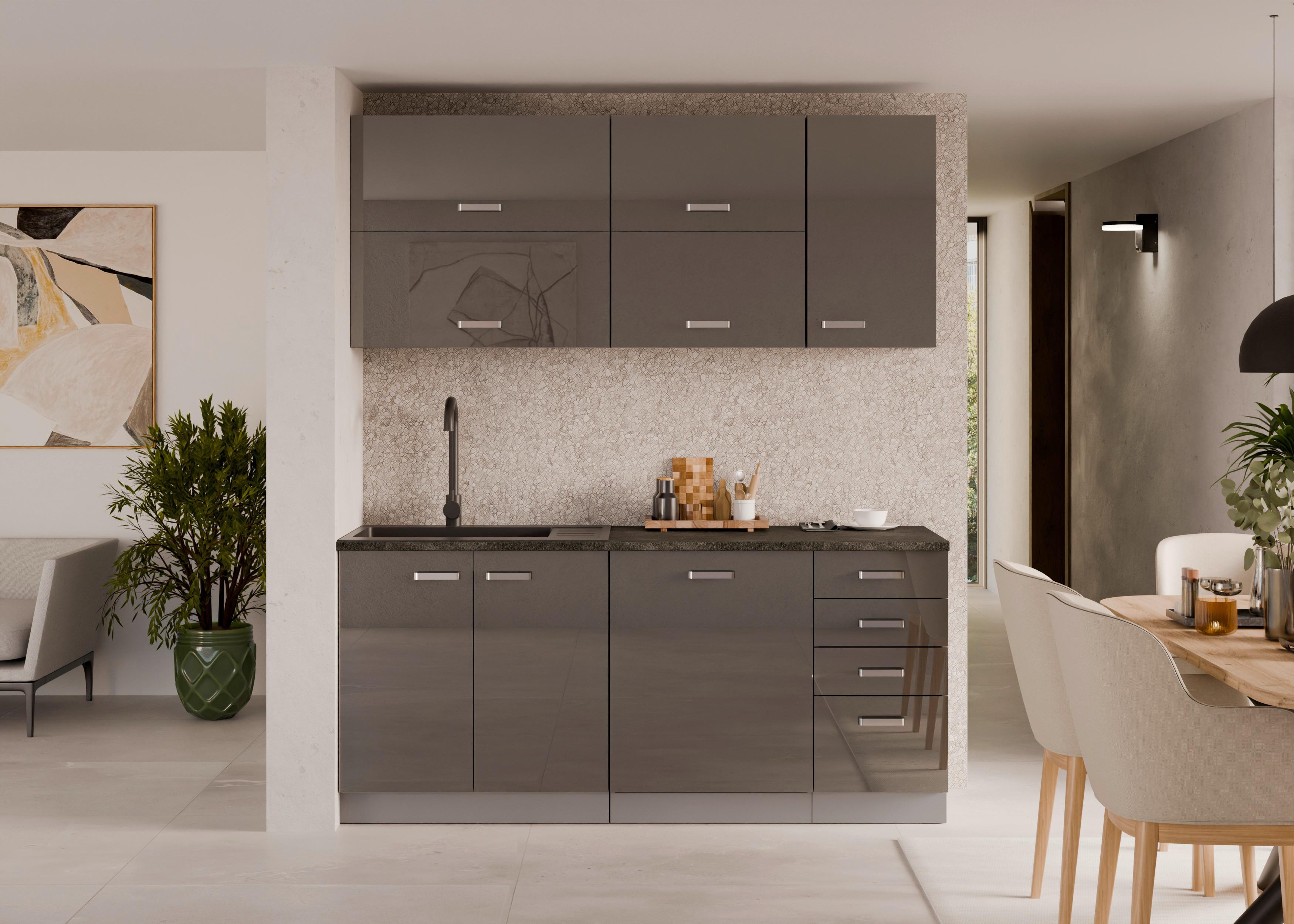 Blok Kuhinja Grey - siva visoki sjaj/boja hroma, Moderno, metal/pločasti materijal (180/214/60cm) - Modern Living