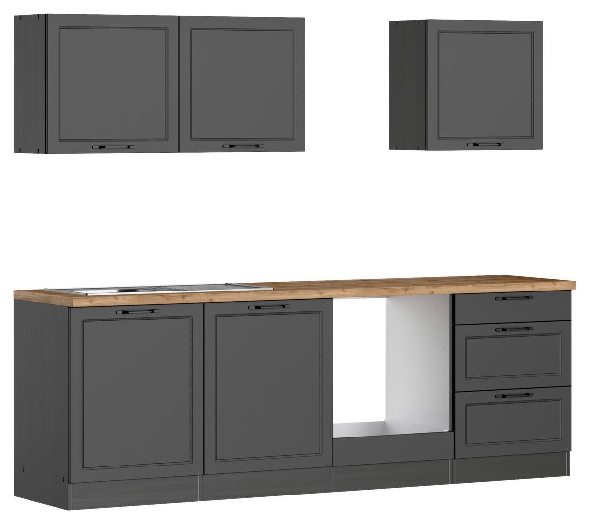 Küchenzeile Meran ohne Geräte ca. 240 cm Grau/Eiche - Eiche Wotan/Schwarz, LIFESTYLE, Holzwerkstoff/Metall (240cm) - Held