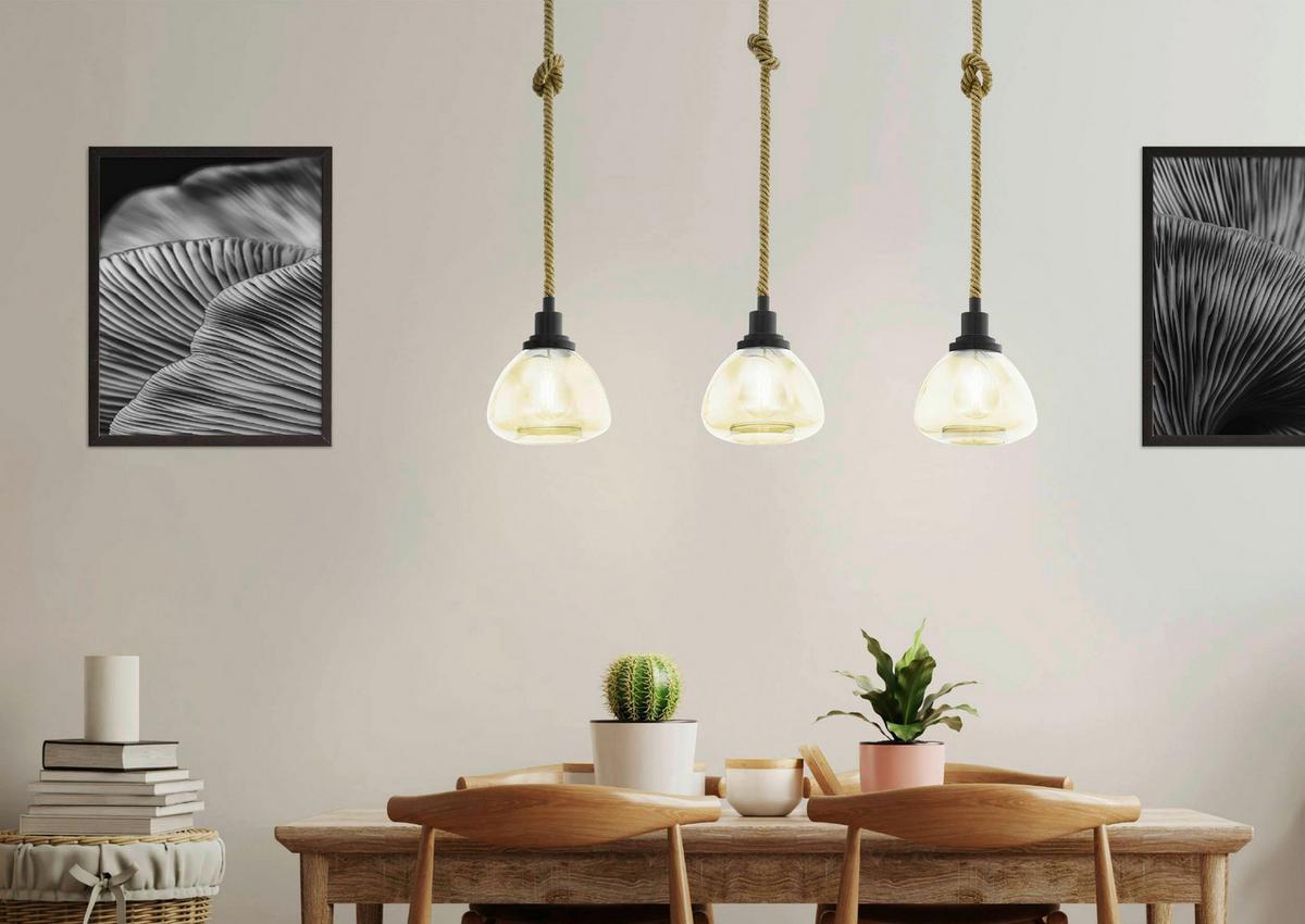 Hängeleuchte 43192 Rampside - Bernsteinfarben/Schwarz, Natur, Glas/Metall (89,5/19,5/123cm) - Eglo