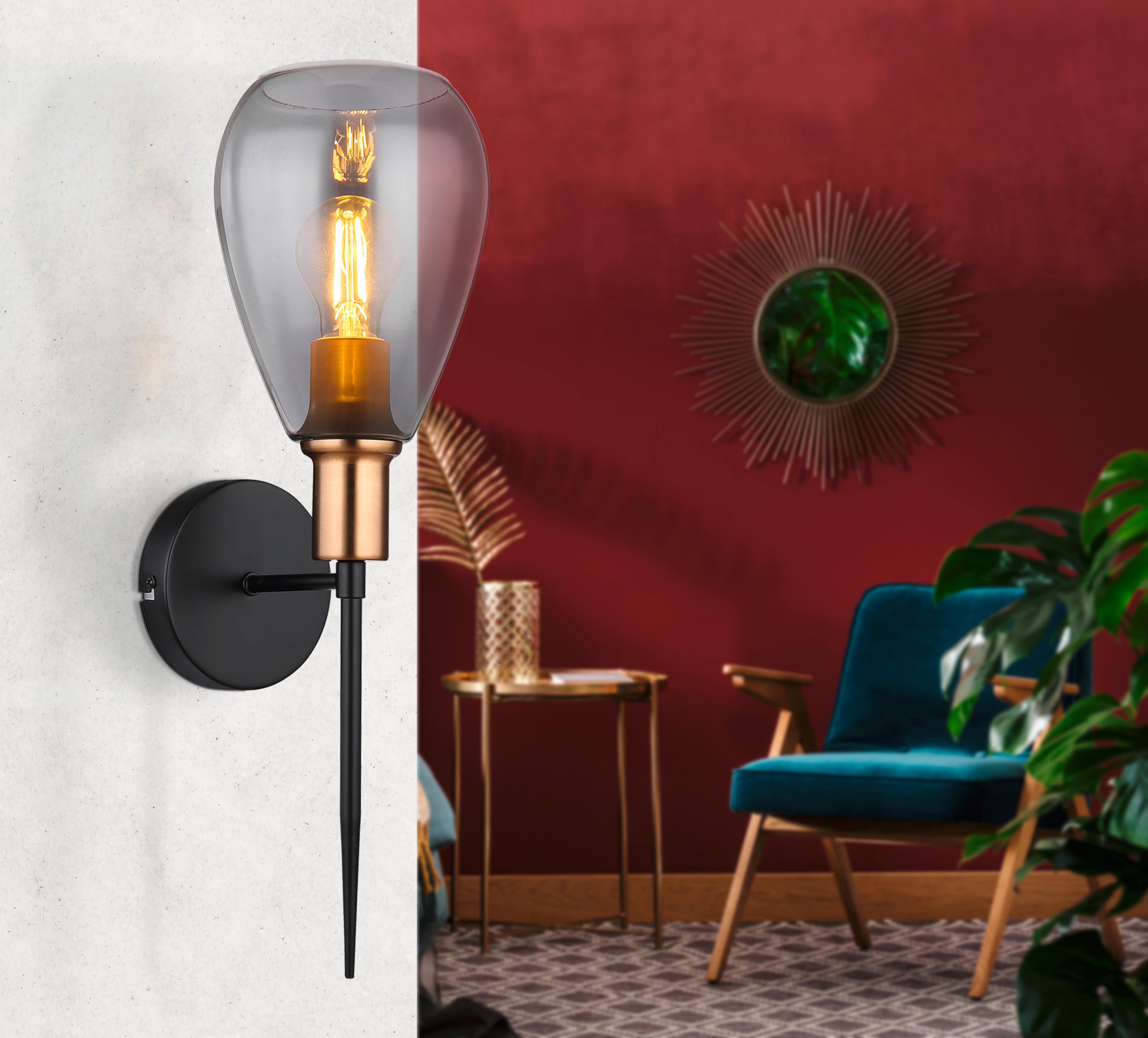Wandleuchte Fanni in Grau/Schwarz/Messing max. 40W - Messingfarben/Schwarz, Design, Glas/Metall (15/19/48cm) - Globo