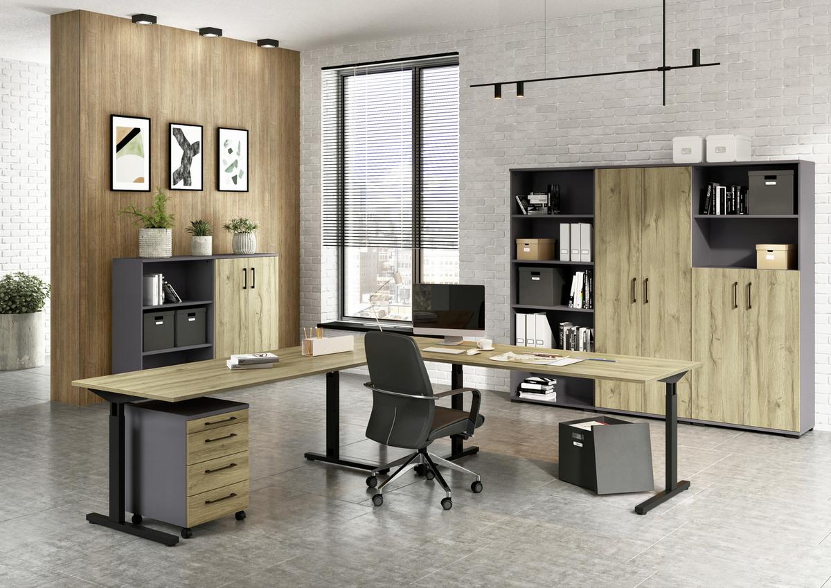 Schreibtisch B 180 H 70 cm GW-Profi, Eiche Dekor/Schwarz - Eichefarben/Schwarz, KONVENTIONELL, Holzwerkstoff/Metall (180/70/80cm) - Germania