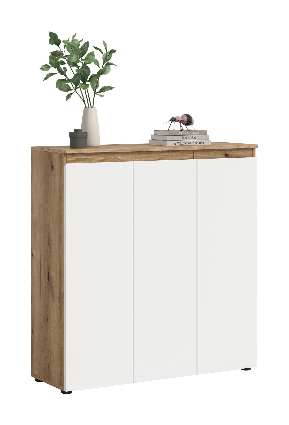 Schuhschrank Scarpa Weiß/Eiche - Eichefarben/Schwarz, Design, Holzwerkstoff/Kunststoff (105/111/37cm) - Livetastic