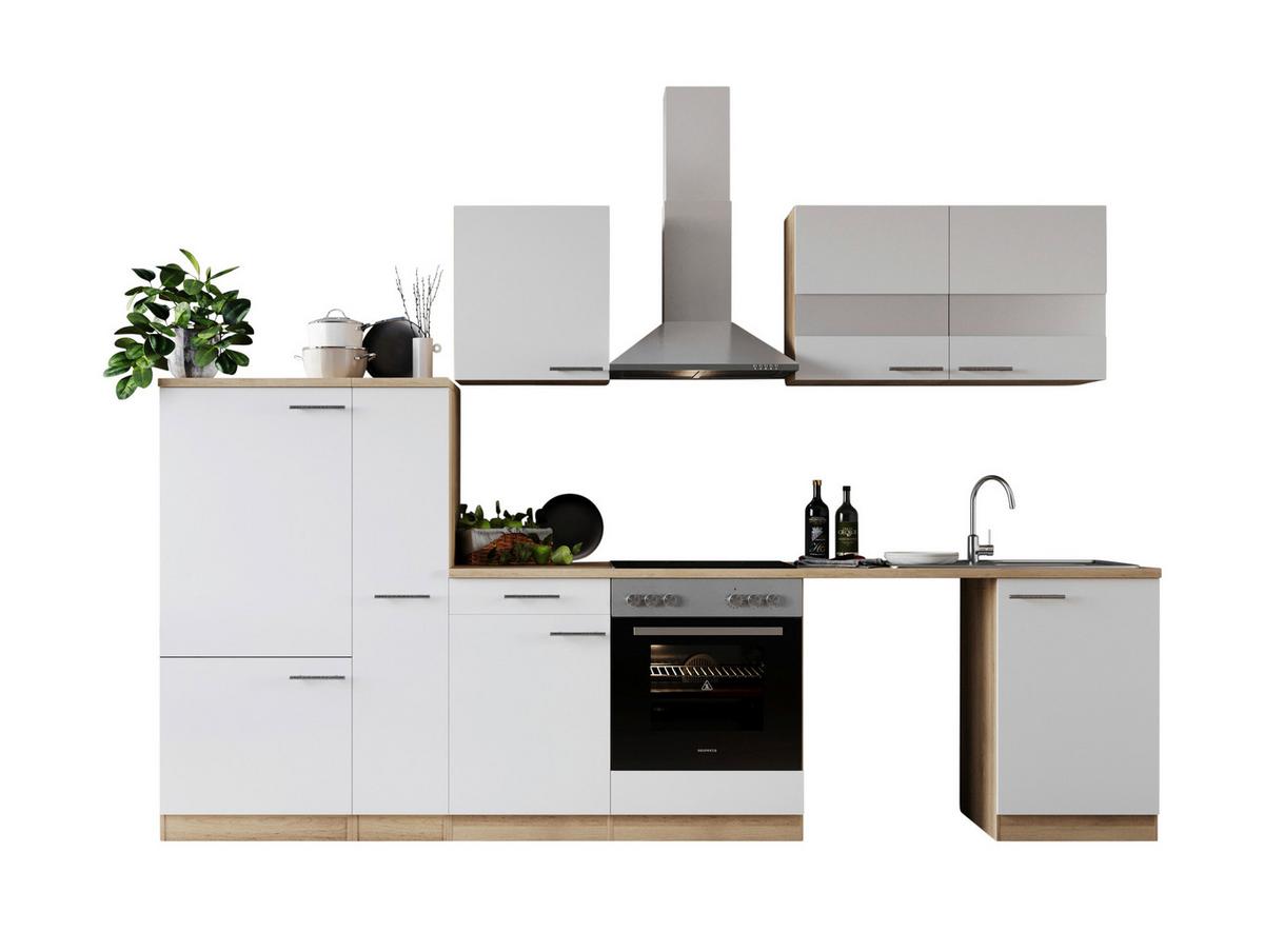 Küchenblock Merle m. Geräten Weiß - Edelstahlfarben/Eichefarben, Basics, Glas/Holzwerkstoff (310cm) - Respekta