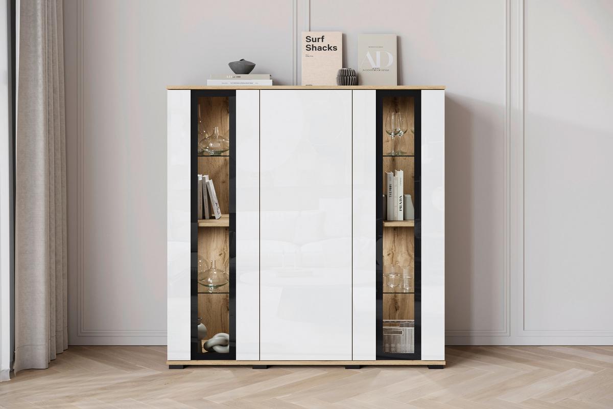 Visoka Komoda Caro, Barva Hrasta, Bela - hrast wotan/črna, Design, umetna masa/steklo (120/121,9/39,5cm) - Livetastic