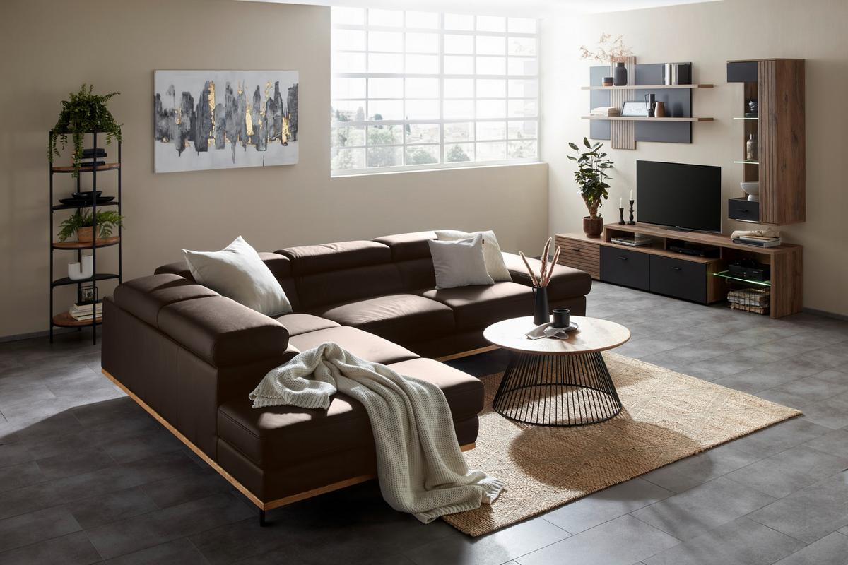 Wohnlandschaft Carmen links Dunkelbraun - Dunkelbraun/Schwarz, MODERN, Leder/Holz (292/72/226cm) - Premium Living