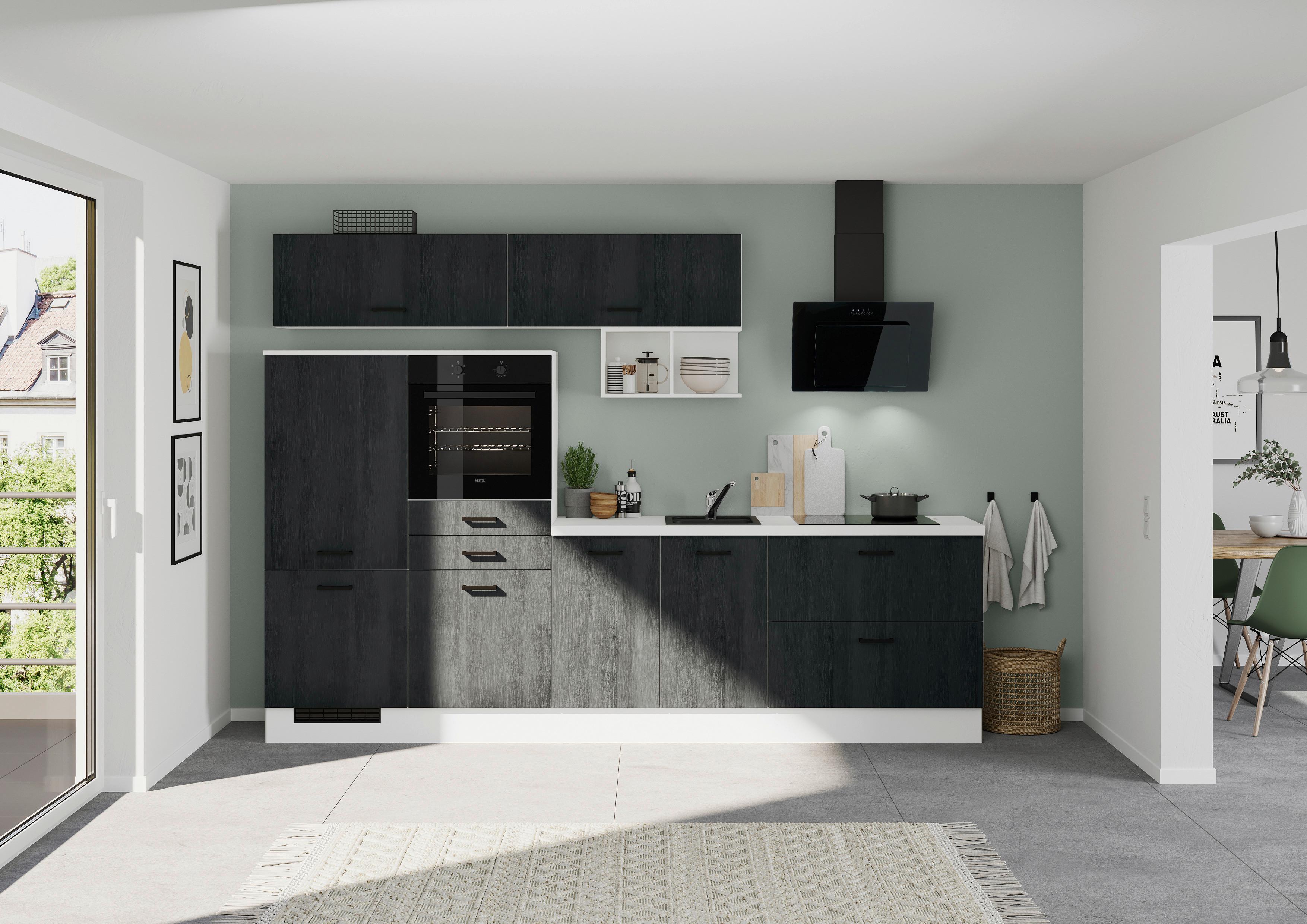 Küchenblock IBZ ohne Geräte ca.300cm Schwarz/Weiß - Eiche dunkel/Schwarz, Design, Holzwerkstoff/Metall (300cm) - Impuls