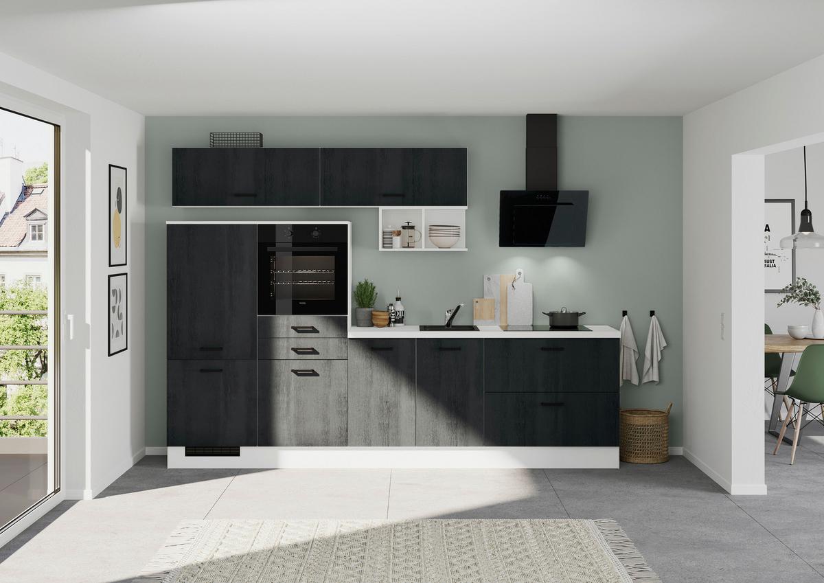 Küchenblock IKZ mit Geräten ca.300cm Schwarz/Weiß - Eiche dunkel/Schwarz, Design, Holzwerkstoff/Metall (300cm) - Impuls