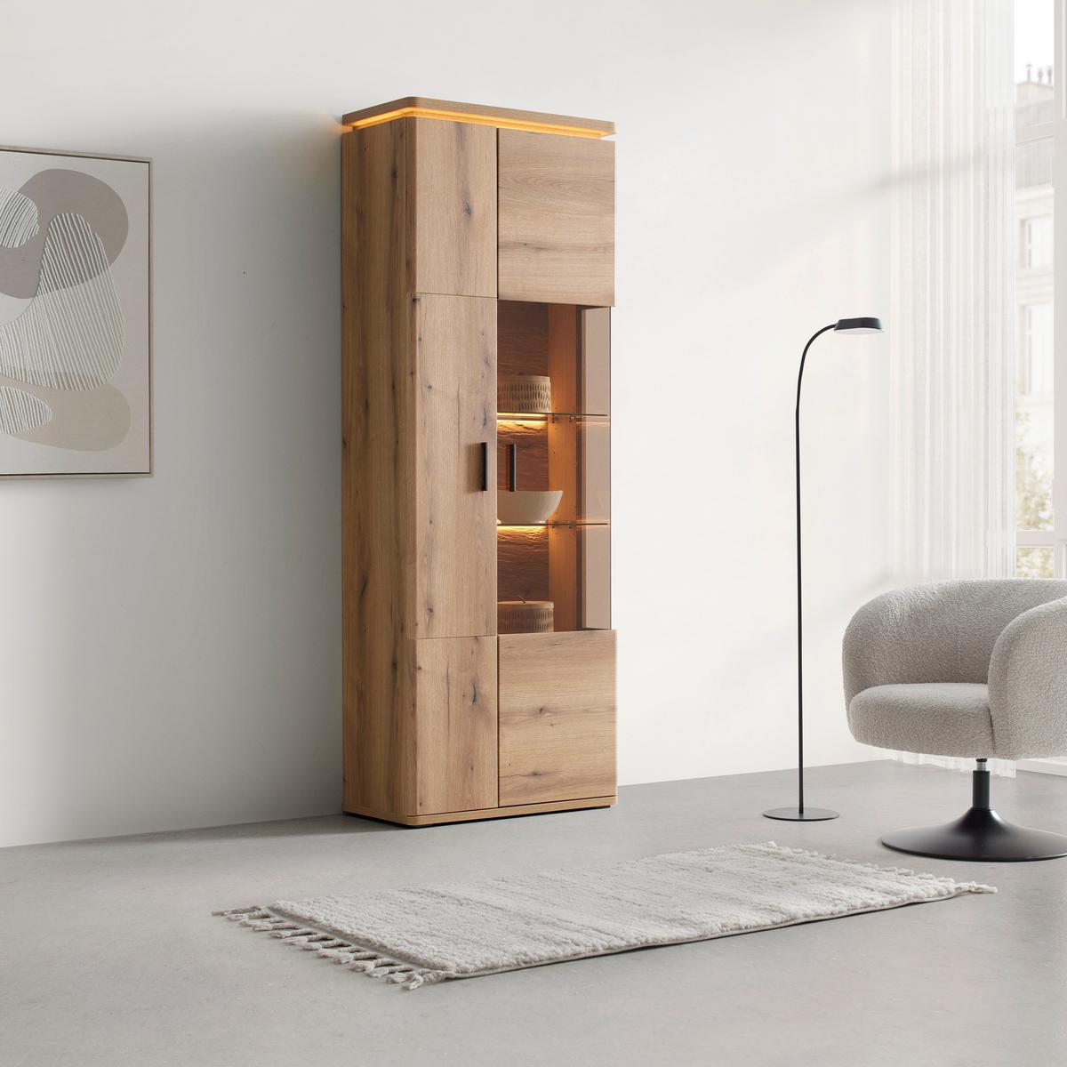 Vitrine Alameda Eichefarben inkl. Oberbodenbeleuchtung - Eichefarben, Modern, Glas/Holzwerkstoff (75/208/38cm) - Mömax