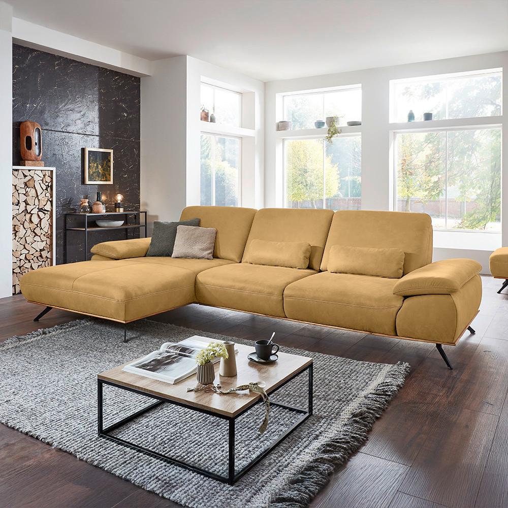 Wohnlandschaft Erling Dunkelgelb - Beige/Dunkelgelb, MODERN, Leder/Metall (187/89/322cm) - Premium Living