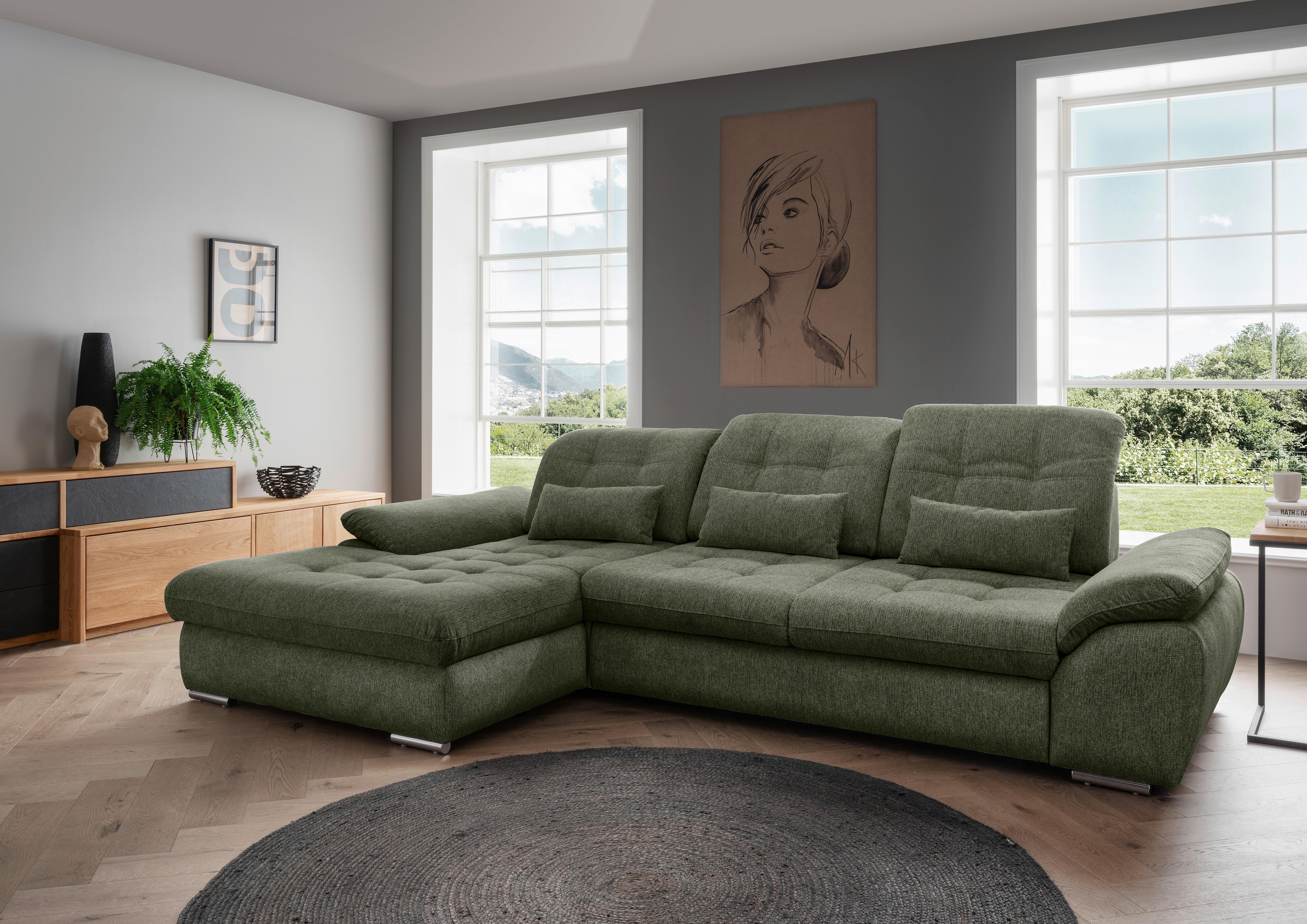 Ecksofa Rigatti Grün Chenille m. Bettkasten - Chromfarben/Grün, MODERN, Textil/Metall (184/314cm) - Livetastic