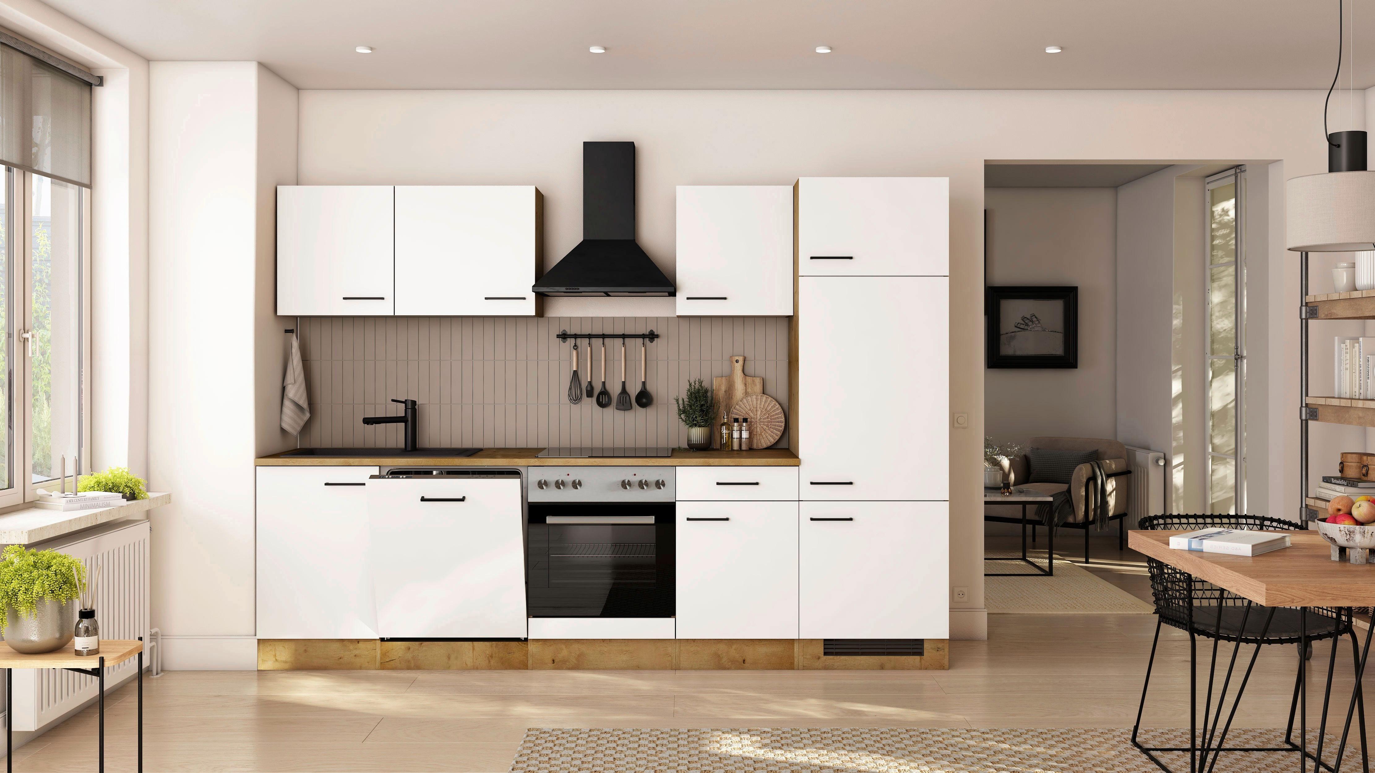 Küchenblock Avila m. Geräten Magnolie - Eichefarben/Magnolie, Trend, Holzwerkstoff/Metall (280cm) - FlexWell