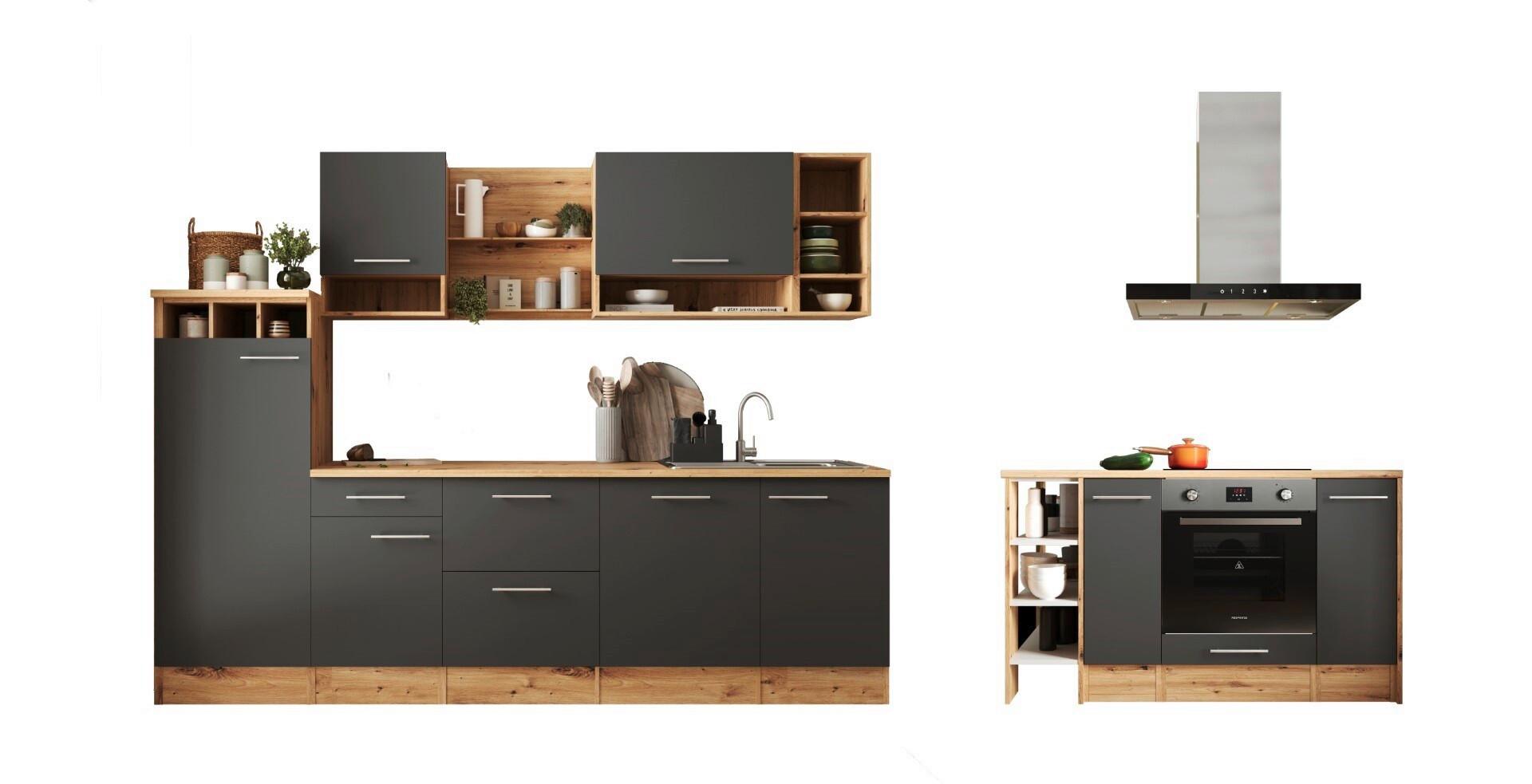 Küchenblock Hilde m. Insel m. Geräten ca.280cm Eiche/Grau - Wildeiche/Alufarben, Design, Holzwerkstoff/Metall (280-150cm) - Respekta