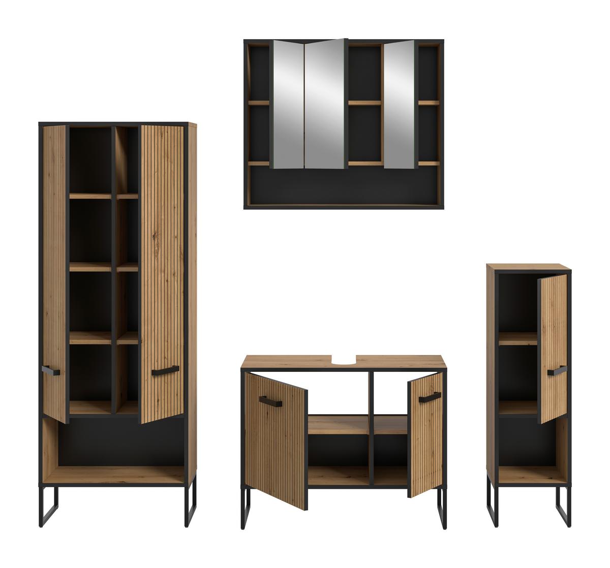 Badezimmer Bagno 4-tlg. Eiche Artisan/Schwarz - Schwarz/Eiche Artisan, Trend, Glas/Holzwerkstoff (169cm) - MID.YOU