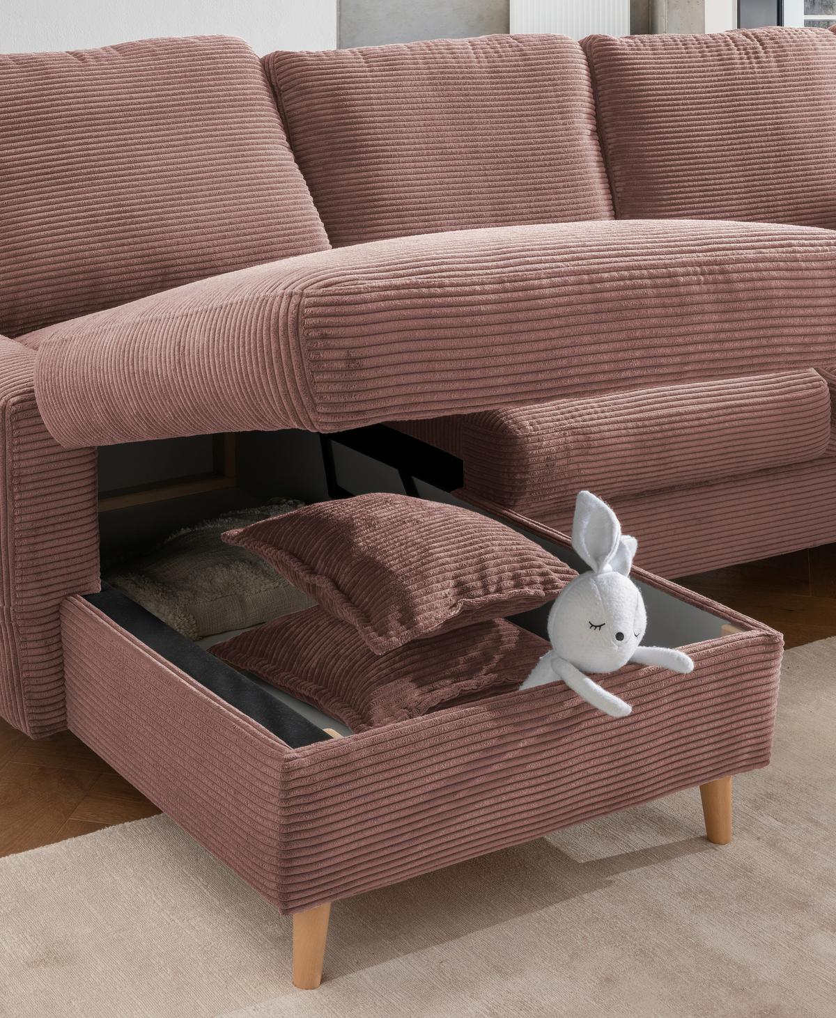Ecksofa Valentina Rosa Cord - Rosa/Naturfarben, Design, Holz/Textil (150/228cm) - P & B