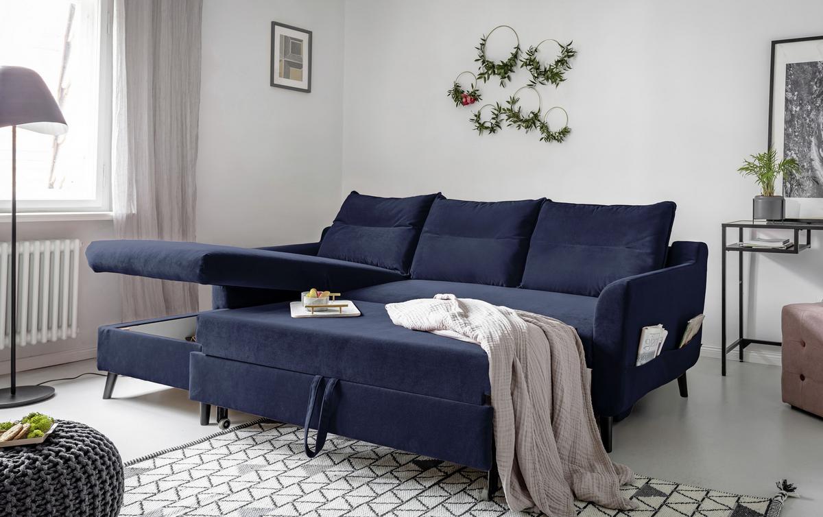 Eckschlafsofa in Dunkelblau ´STYLISH STAN DUNKELBLAU´ - Schwarz/Dunkelblau, Basics, Holz/Textil (150/230cm) - MID.YOU