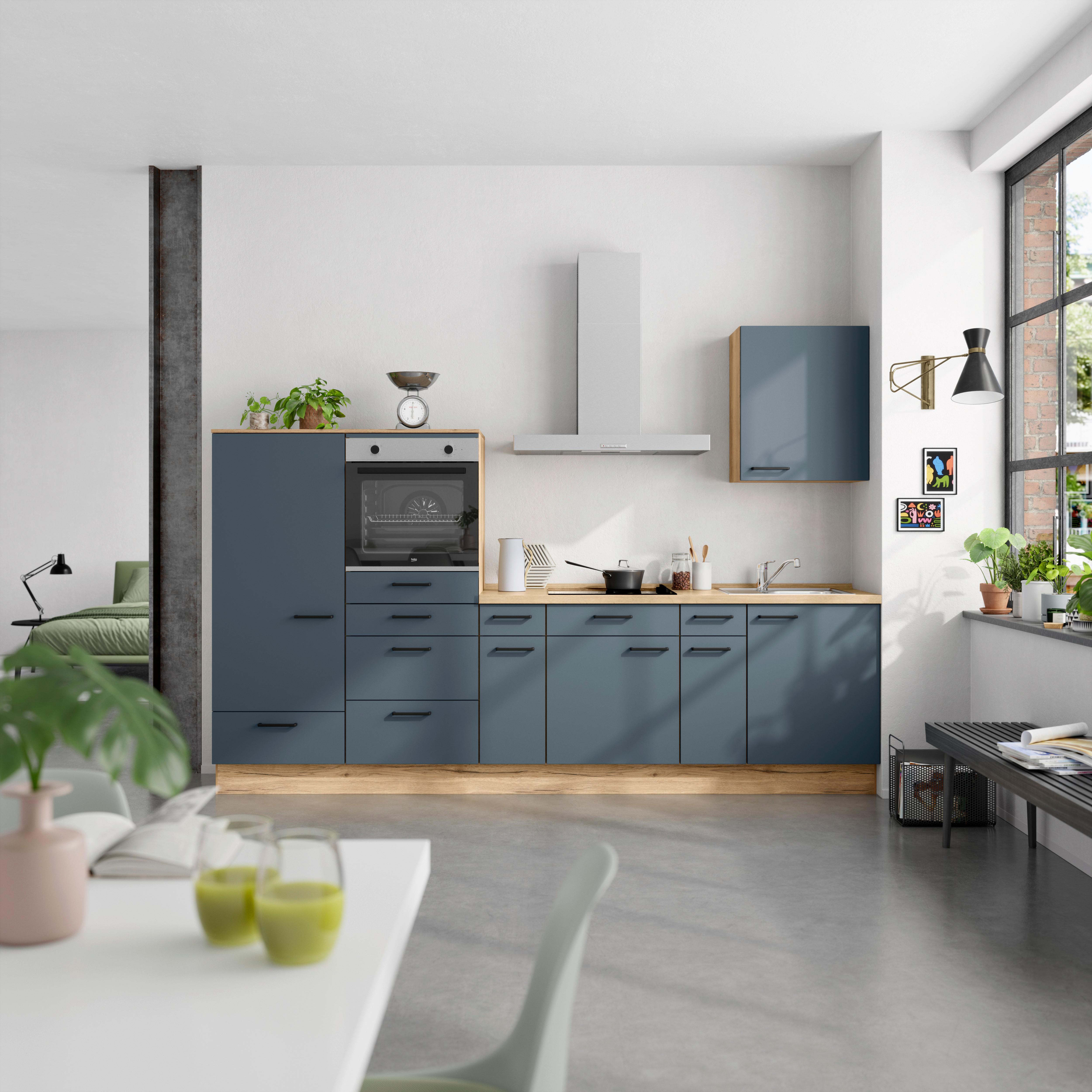 Küchenblock Easytouch Low m. Geräten Blau - Blau/Eichefarben, MODERN, Holzwerkstoff/Metall (300cm) - Nobilia