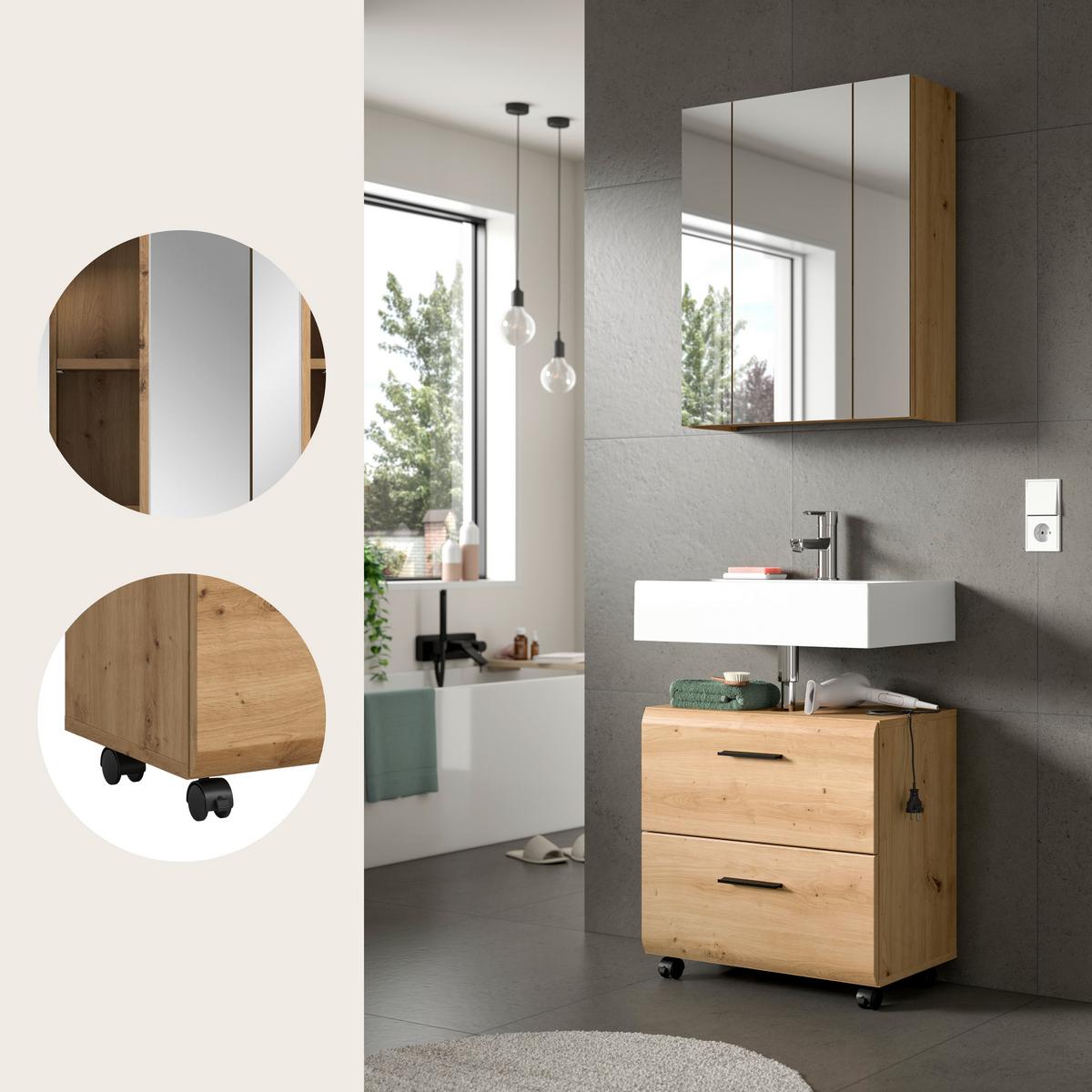 Badezimmer Ice Eiche Artisan 2-teilig - Schwarz/Eiche Artisan, Trend, Glas/Holzwerkstoff (60cm) - MID.YOU