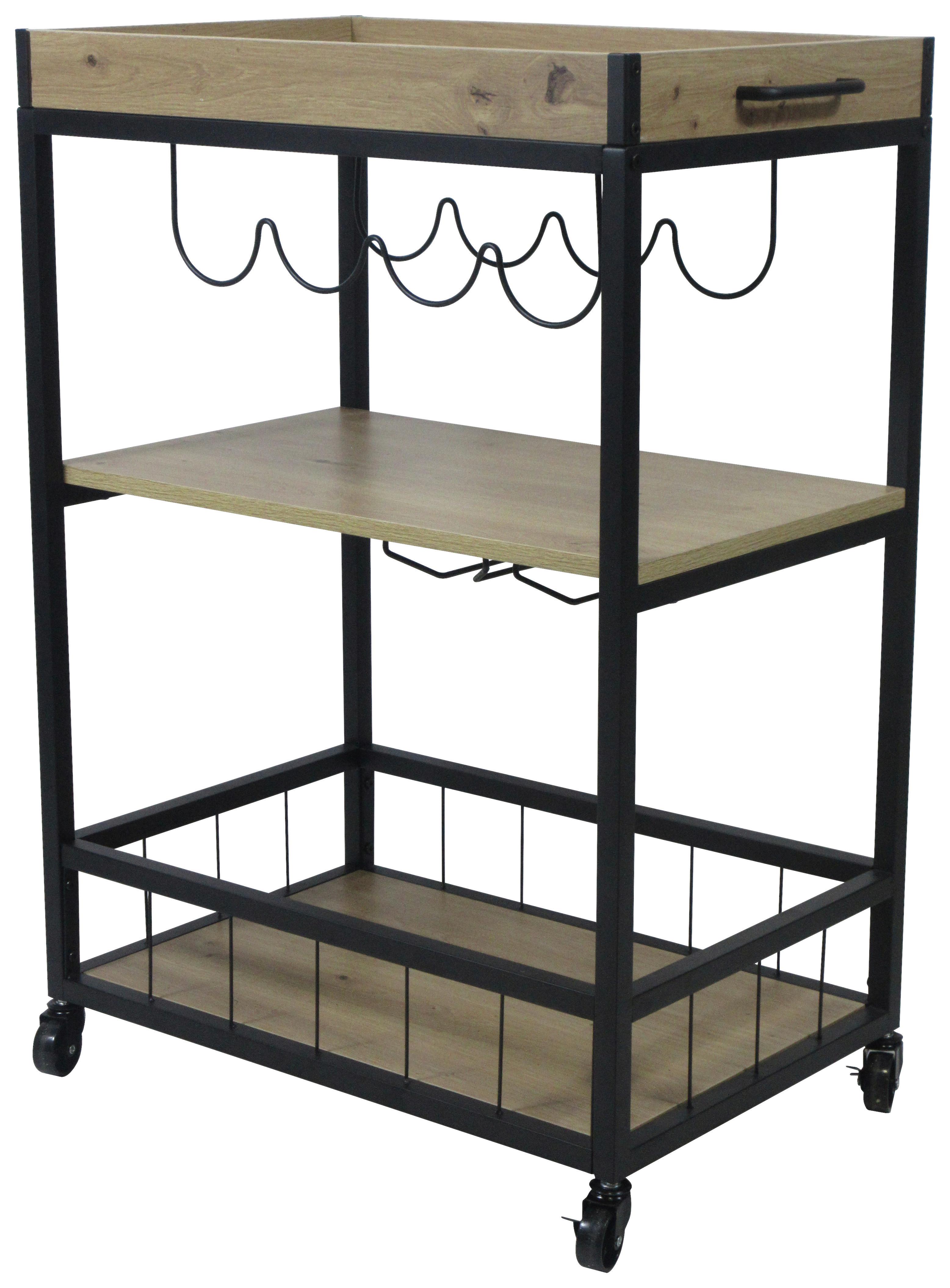 Servirni Voziček Graz 2, Imitacija Hrasta/črna - črna/naravne barve, Moderno, kovina/umetna masa (67/88/39,5cm) - Mömax