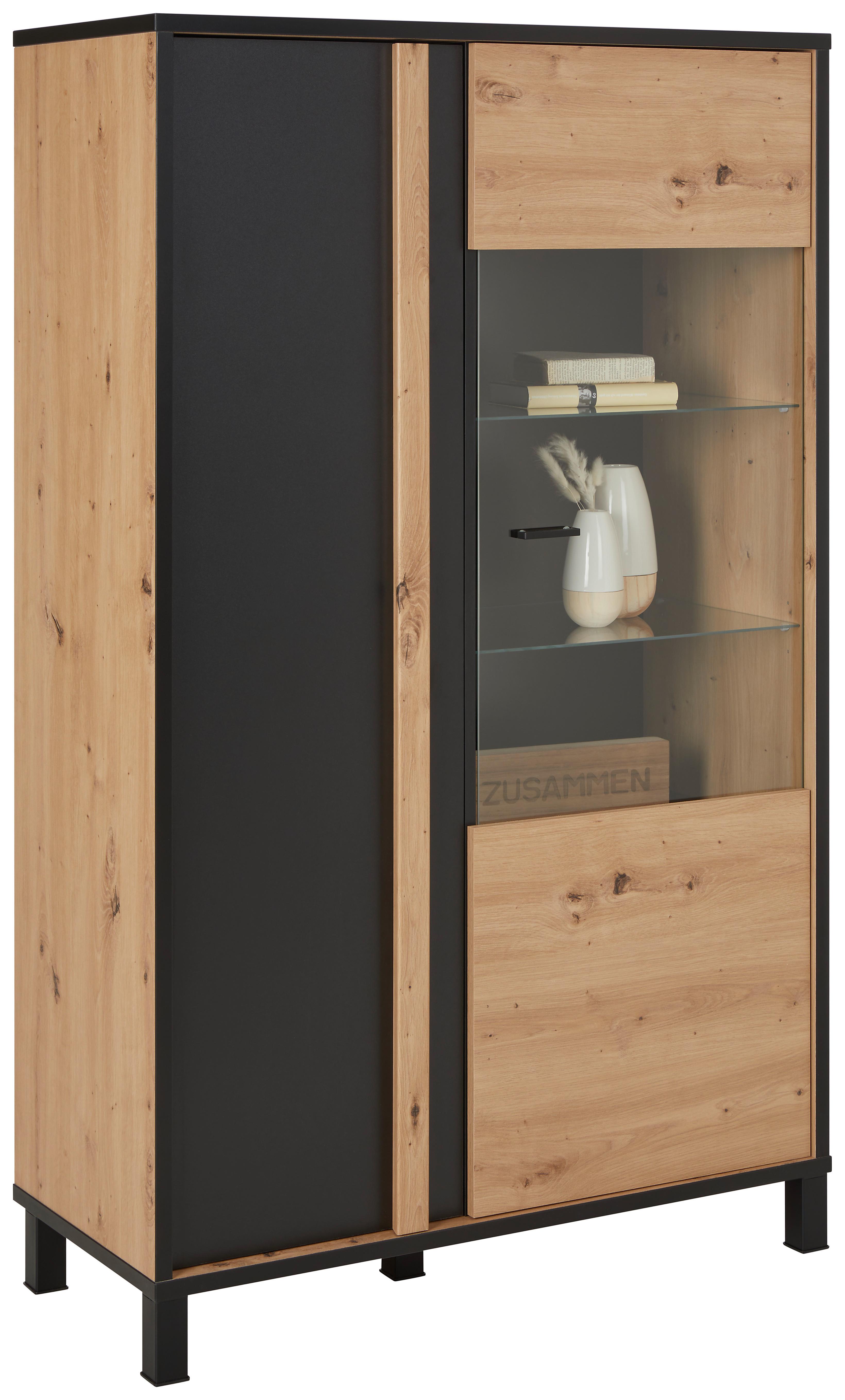 Vitrine in Schwarz/Eiche Artisan - Schwarz/Eiche Artisan, Modern, Glas/Holzwerkstoff (94,8/158,8/42cm) - Modern Living