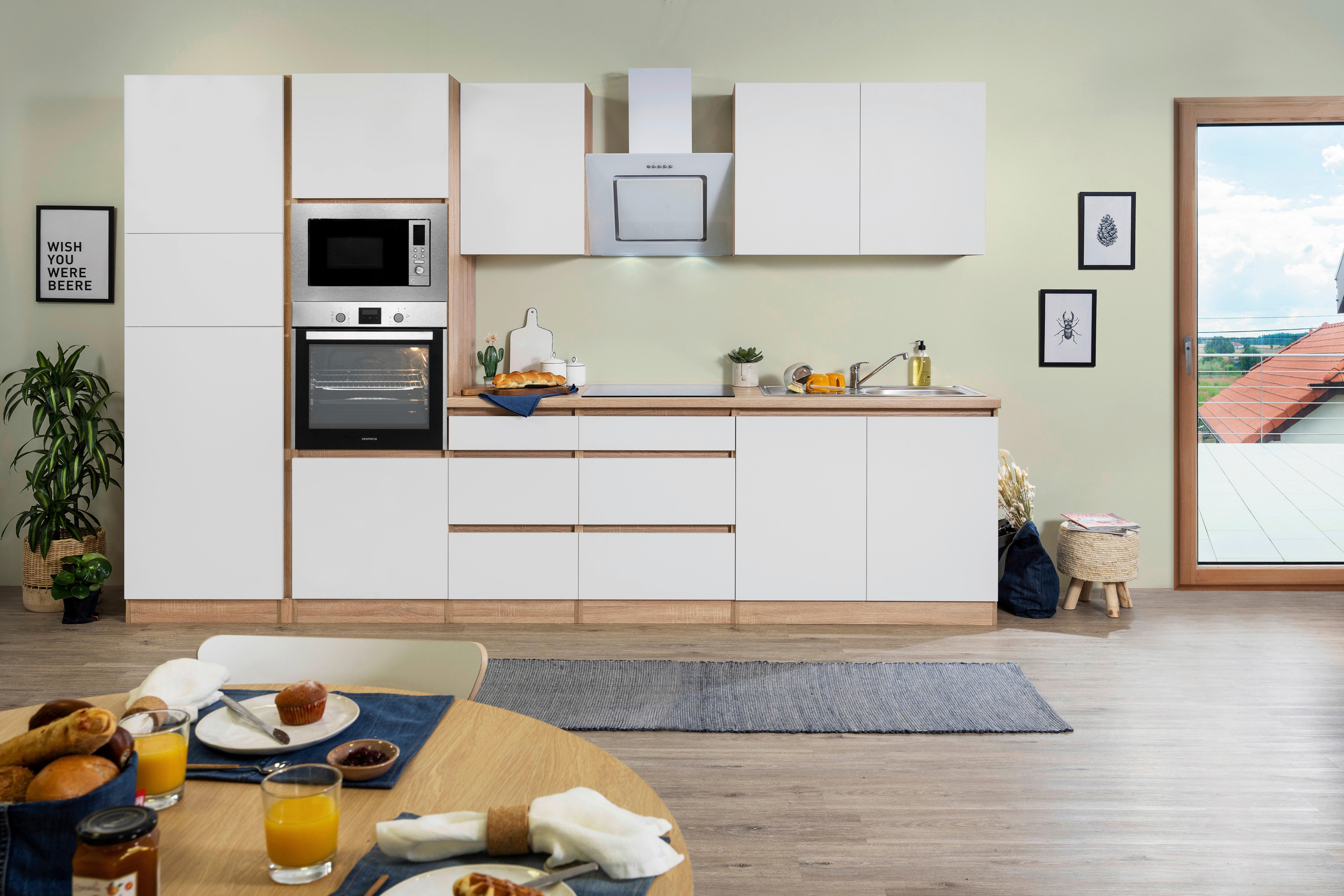 Küchenblock Lorena mit Geräten ca. 335 cm Weiß - Eichefarben/Weiß, Basics, Holzwerkstoff (335cm) - Respekta
