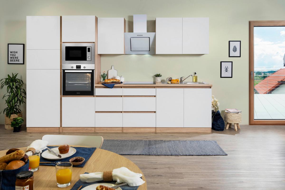 Küchenblock Lorena mit Geräten ca. 335 cm Weiß - Eichefarben/Weiß, Basics, Holzwerkstoff (335cm) - Respekta