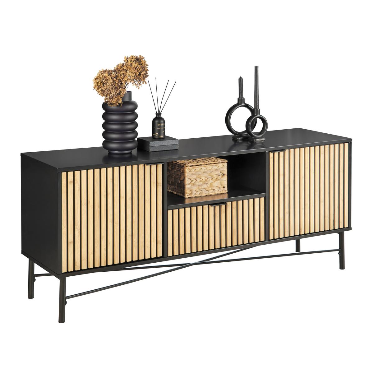 Lowboard Madrid Schwarz/Naturfarben massiv - Eichefarben/Schwarz, MODERN, Holz/Holzwerkstoff (143/60/40cm) - Mömax