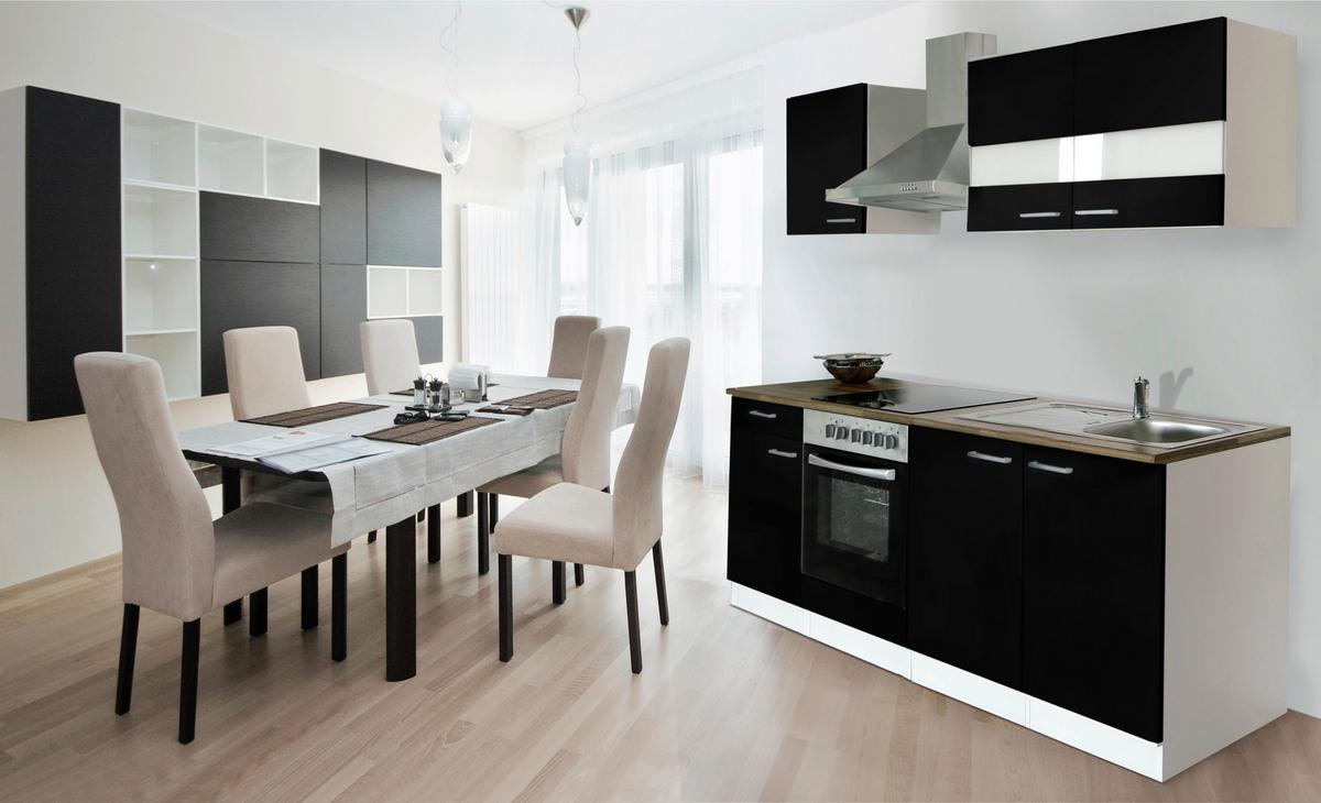Küchenzeile Economy m. Geräten Schwarz/Nussbaum B: ca. 210 cm - Edelstahlfarben/Nussbaumfarben, Basics, Holzwerkstoff/Metall (210cm) - Respekta