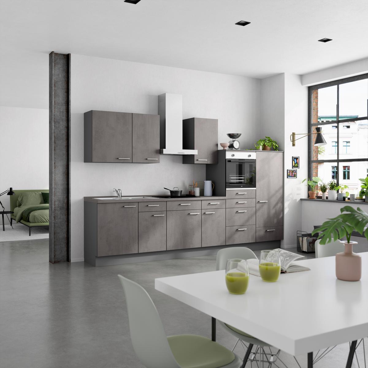 Küchenblock Riva Low m. Geräten Schieferfarben - Schieferfarben/Edelstahlfarben, MODERN, Holzwerkstoff/Metall (330cm) - Nobilia