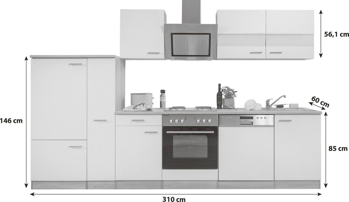 Küchenblock Merle mit Geräten ca. 310 cm Weiß - Edelstahlfarben/Eichefarben, Basics, Holzwerkstoff/Metall (310cm) - Respekta