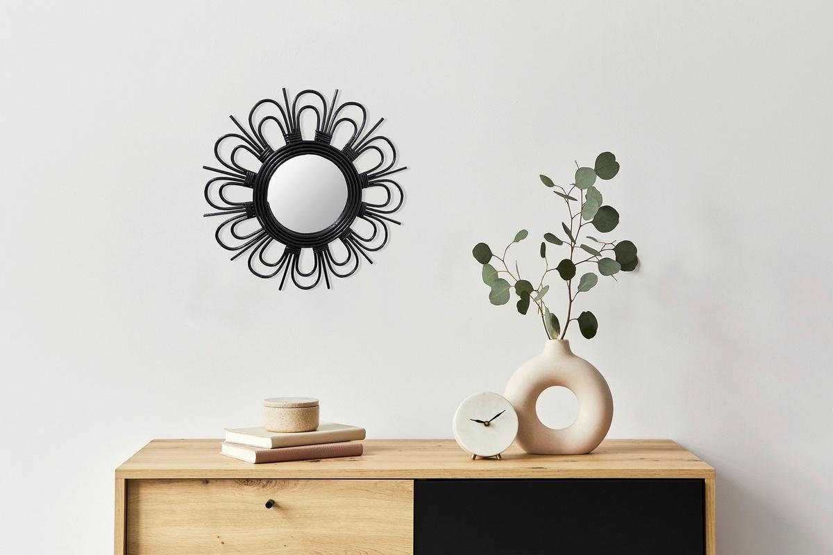 WANDSPIEGEL RATTAN SPIEGEL AINA 225 - Schwarz, Basics, Glas/Holz (43/43/2cm) - Kayoom