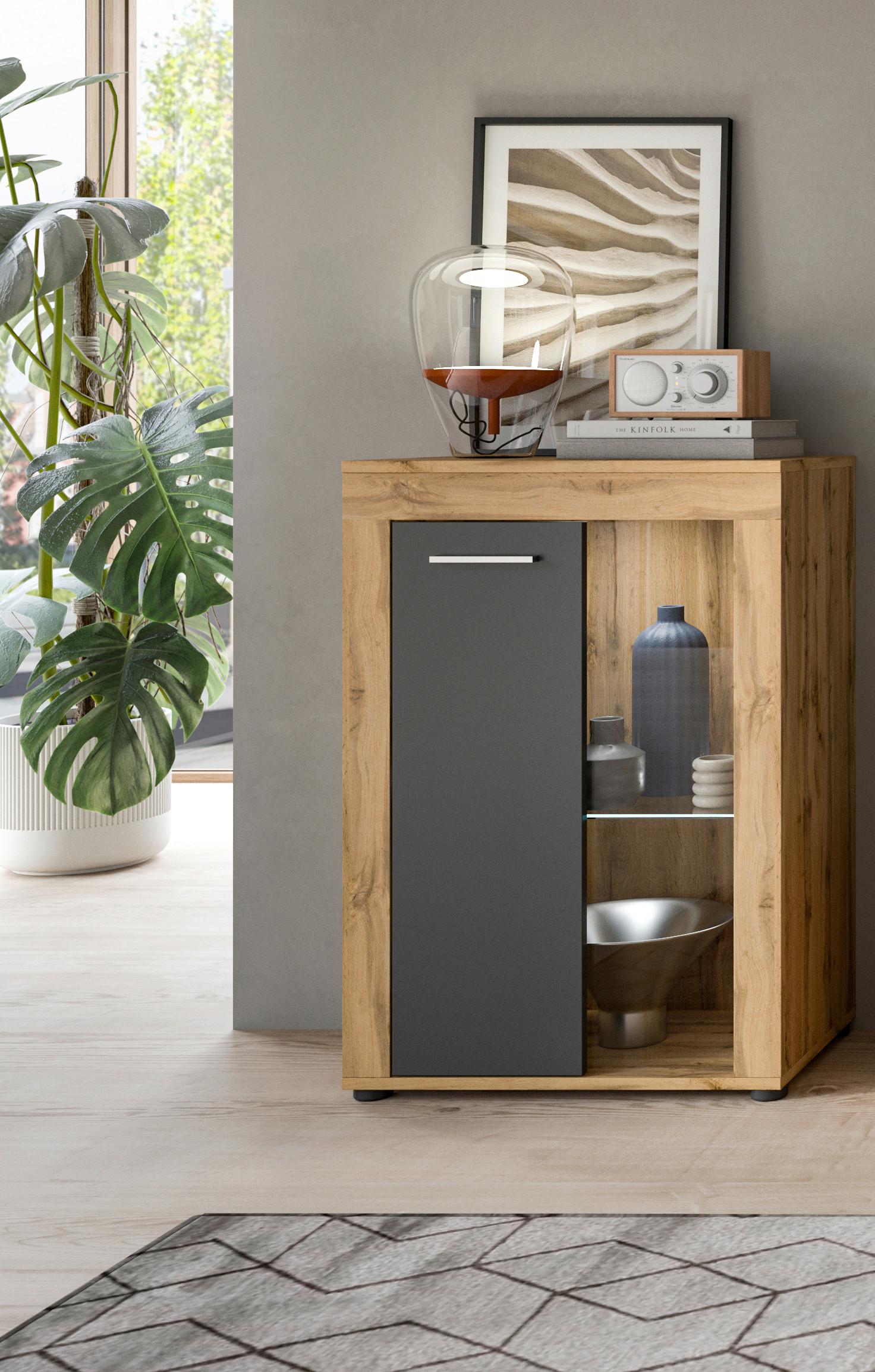 Vitrina Jam - srebrne boje/crna, Design, staklo/drvni materijal (86/60/35cm) - Modern Living