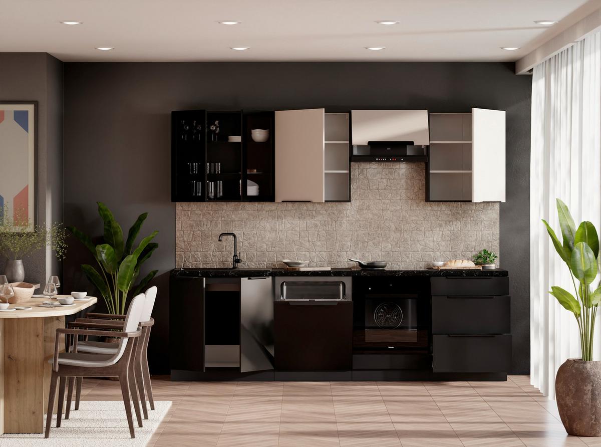 Blok Kuhinja Siena/arona - kašmir/crna, Moderno, staklo/drvni materijal (260/210/60cm) - Modern Living